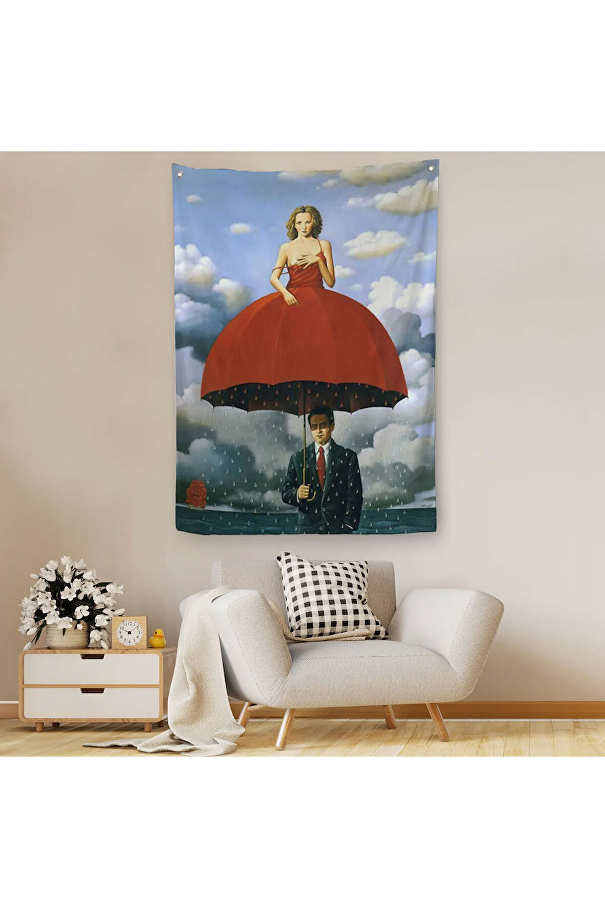 Kırmızı Elbiseli Kadın Sürreal Duvar Örtüsü - Halısı-6022