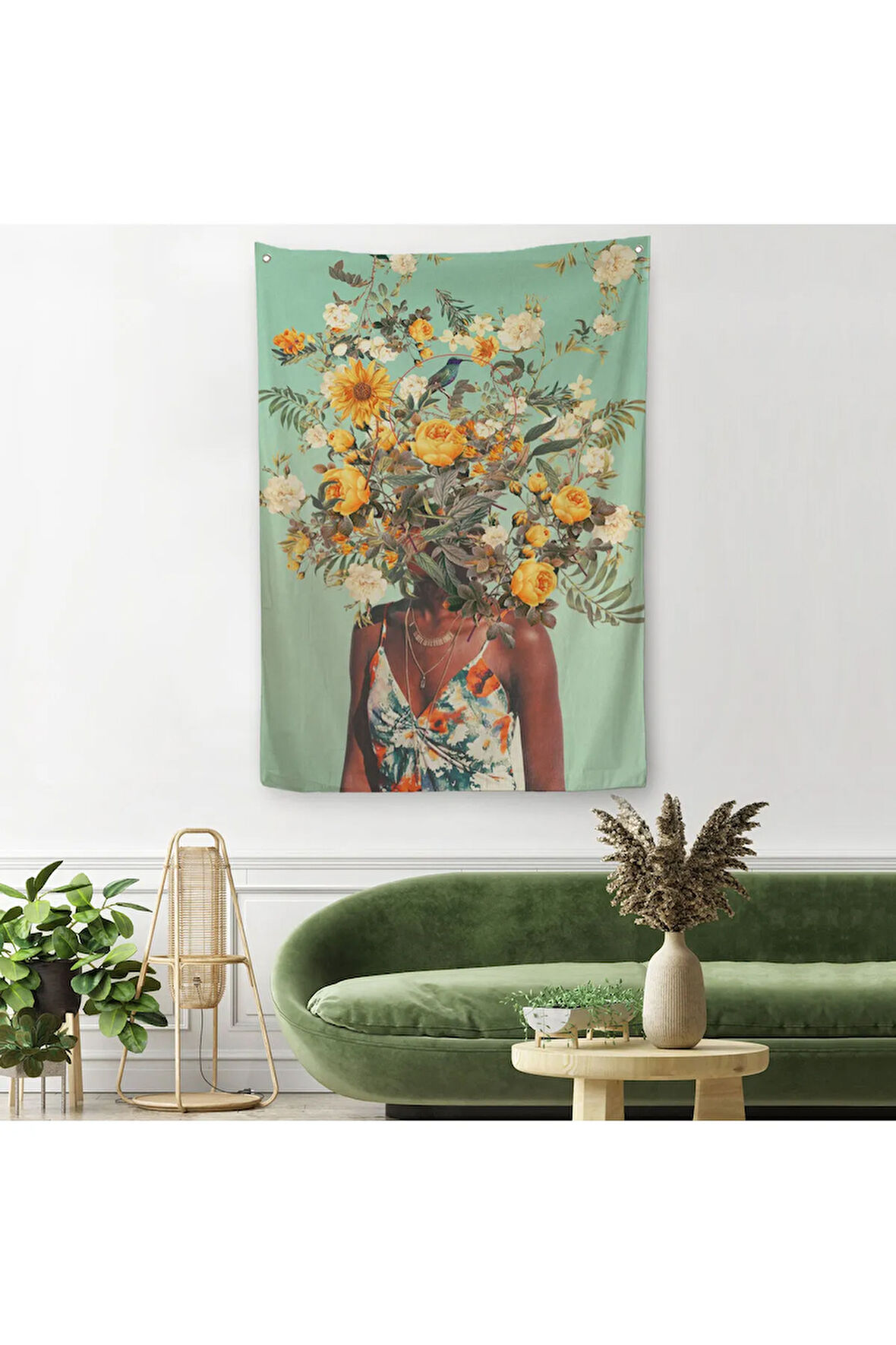 Çiçek Başlı Siyahi Kadın, Afrıkalı Kadın Kanvas Duvar Örtüsü - Halısı -6079