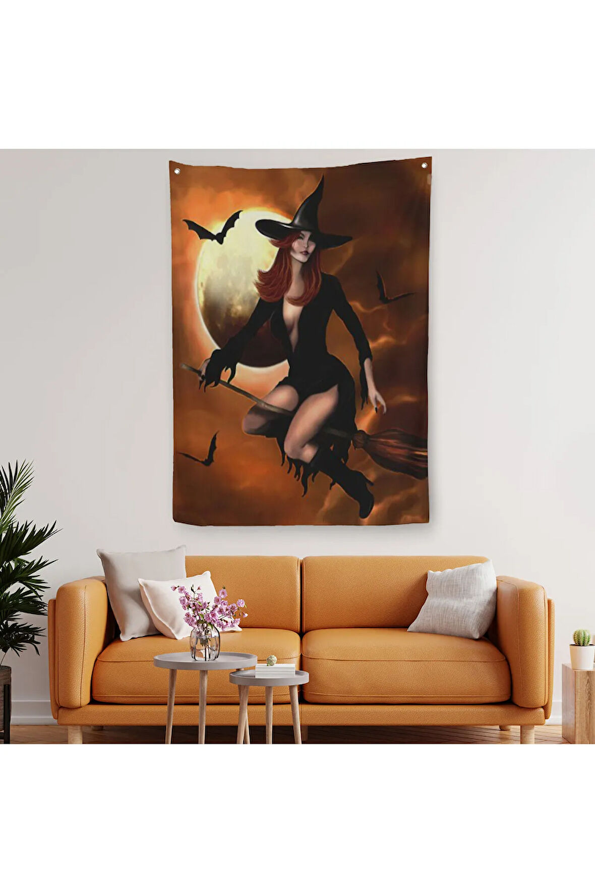 Süpürge İle Uçan Cadı, Cadılar Bayramı Helloven Duvar Örtüsü - Halısı -6086