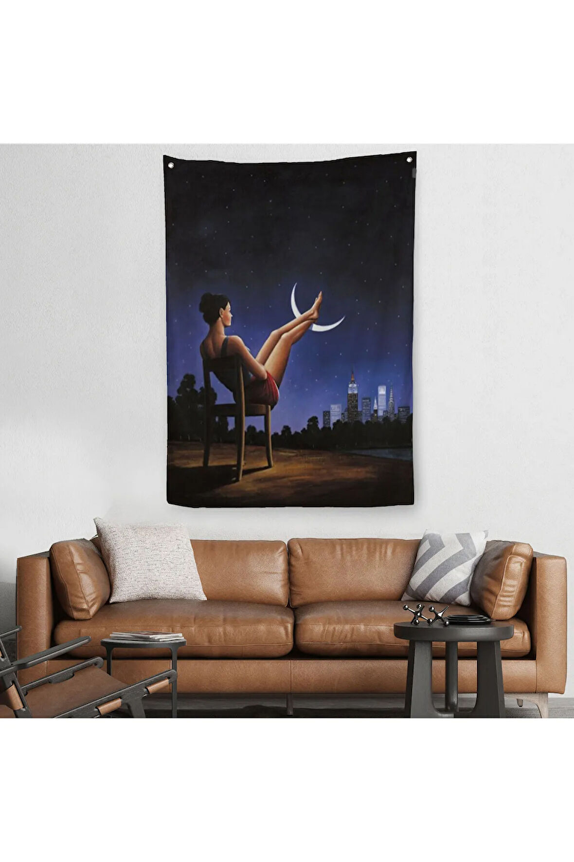 Ay'a Ayaklarını Koyup Dinlenen Kadın, Sürreal Sanat Duvar Örtüsü - Halısı-609