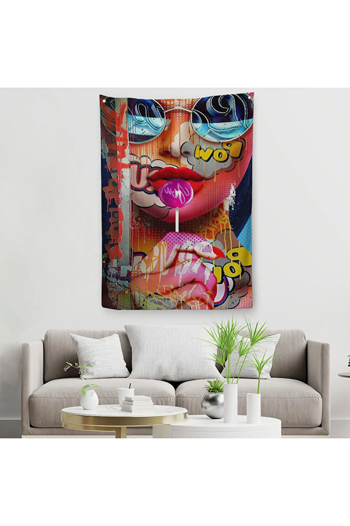 Pop Art Sokak Sanatı Renkli Kadın Dekoratif Duvar Örtüsü - Halısı-6107