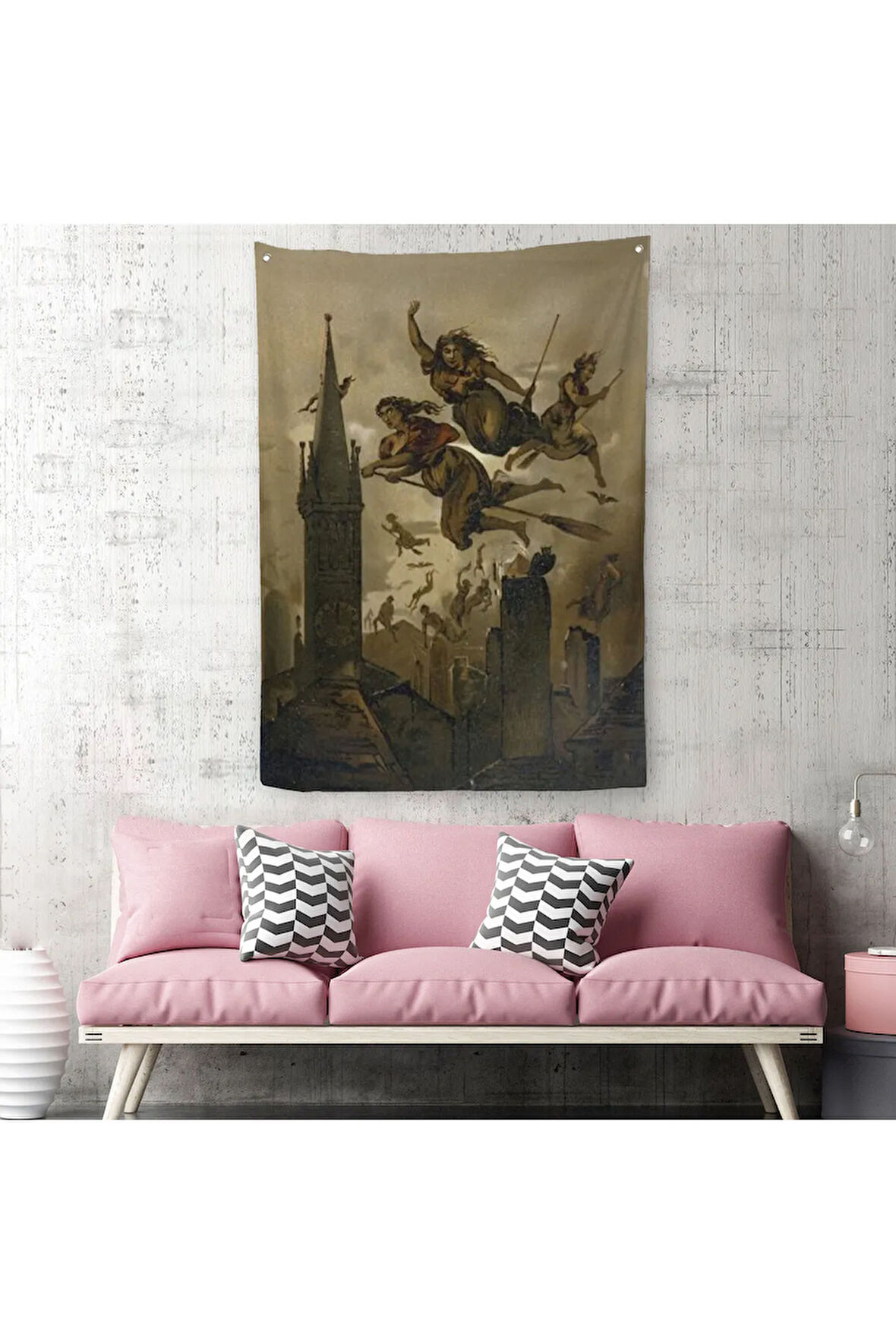 Süpürgelerindeki Cadılar Evlerinin Çatılarının Üzerinden Uçuyor Duvar Örtüsü - Halısı-6118