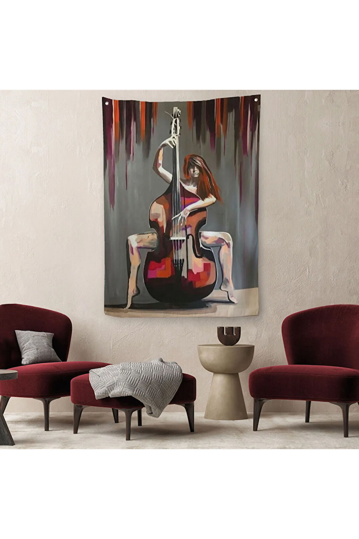 Çello Çalan Kadın Duvar Örtüsü - Halısı-6167