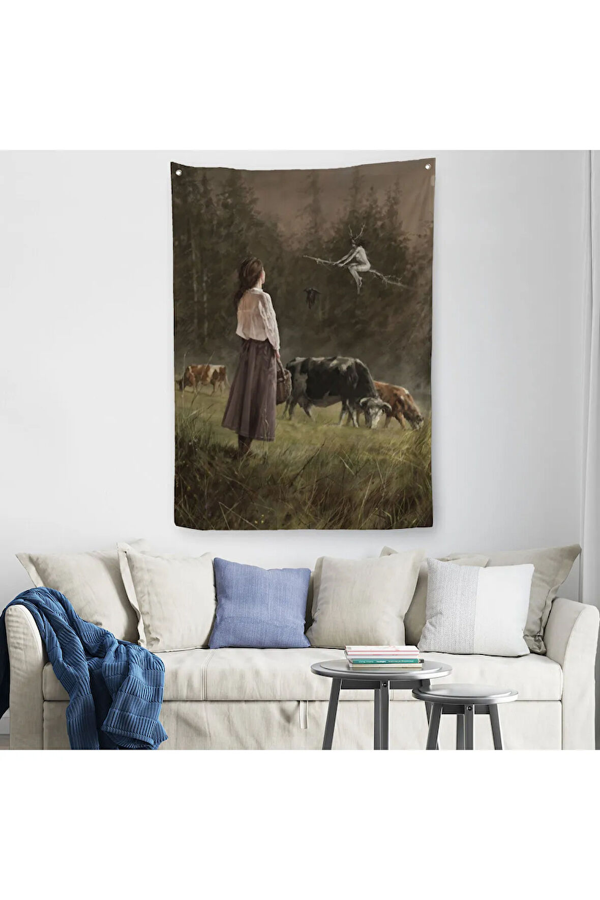 Süpürgeli Cadıya Özenen Kız Dekoratif Duvar Örtüsü - Halısı -6185