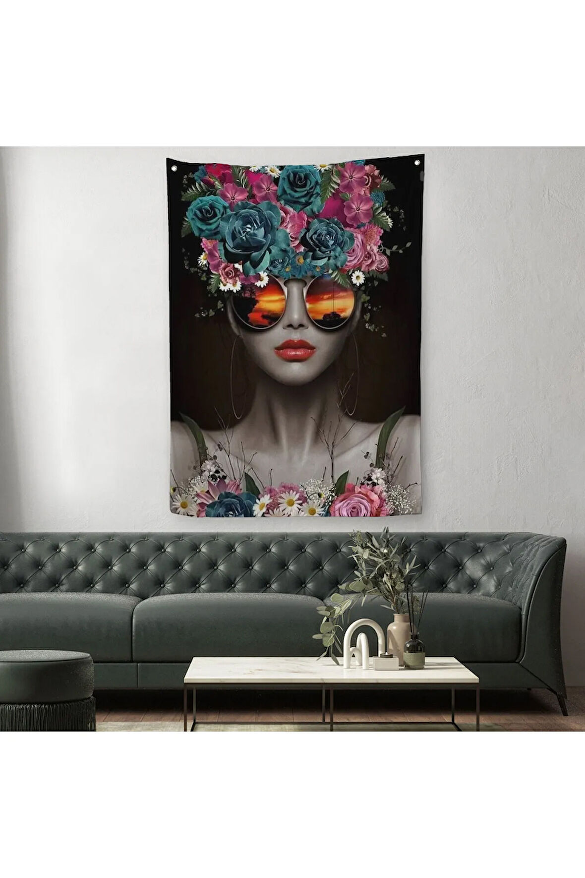 Renkli Çiçekler İle Güzel Kadın Dekoratif Duvar Örtüsü - Halısı -6188