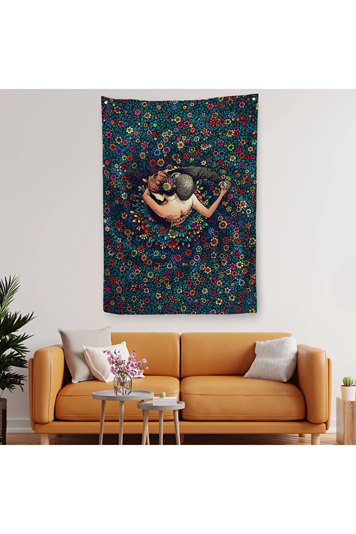 Renkli Çiçekler İçinde Dans Eden Sevgililer Duvar Örtüsü - Halısı-6200