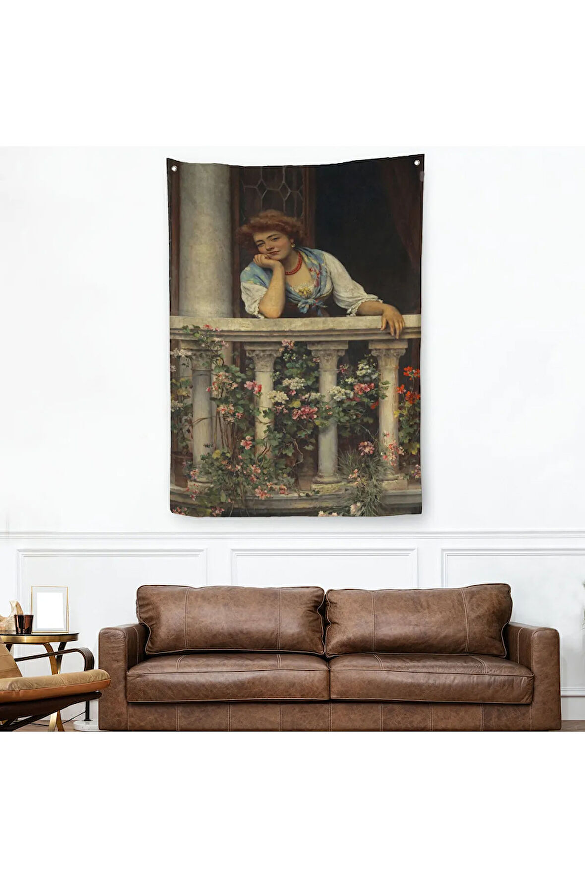 Çiçekli Balkonda Sevgilisini Bekleyen Güzel Kadın Duvar Örtüsü - Halısı-6205