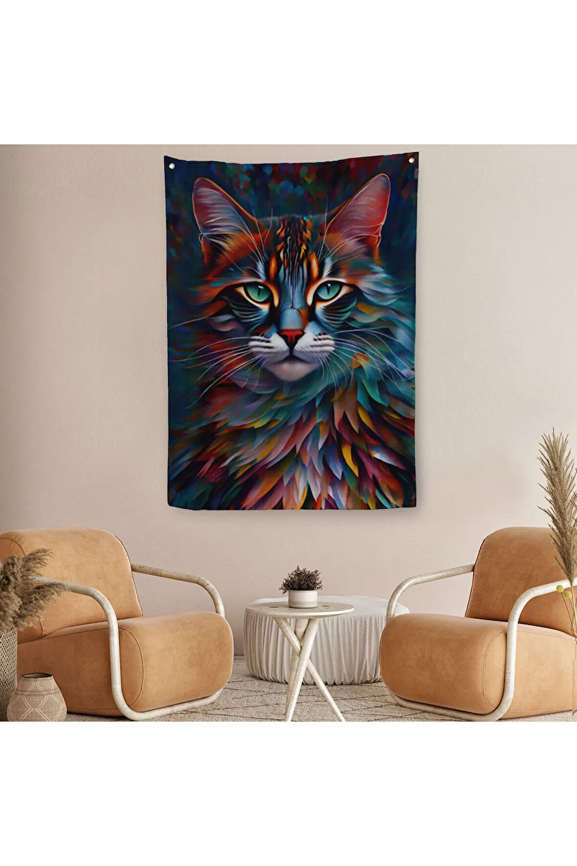 Renkli Karizmatik Kedi Dekoratif Duvar Örtüsü - Halısı-6225