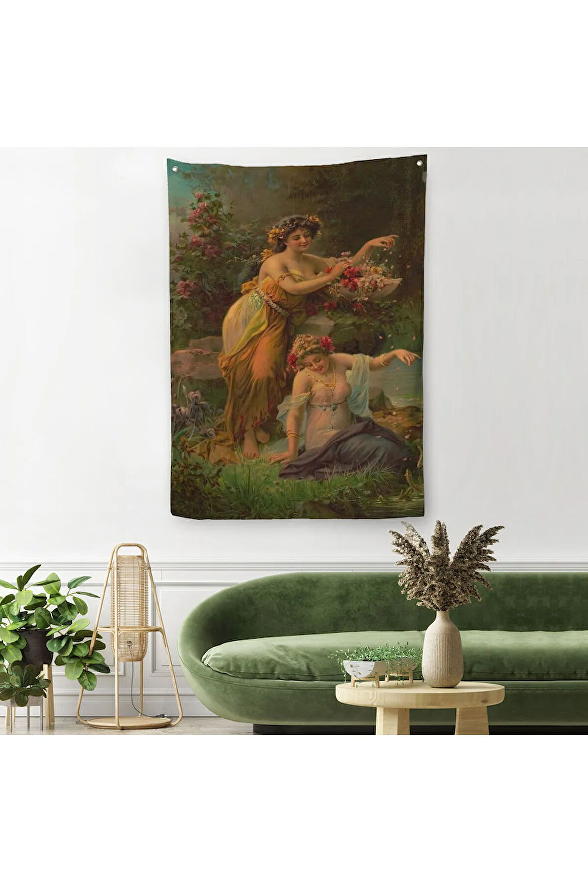 Göl kenarındaki Çiçekli Kadın Dekoratif Duvar Örtüsü - Halısı-6248