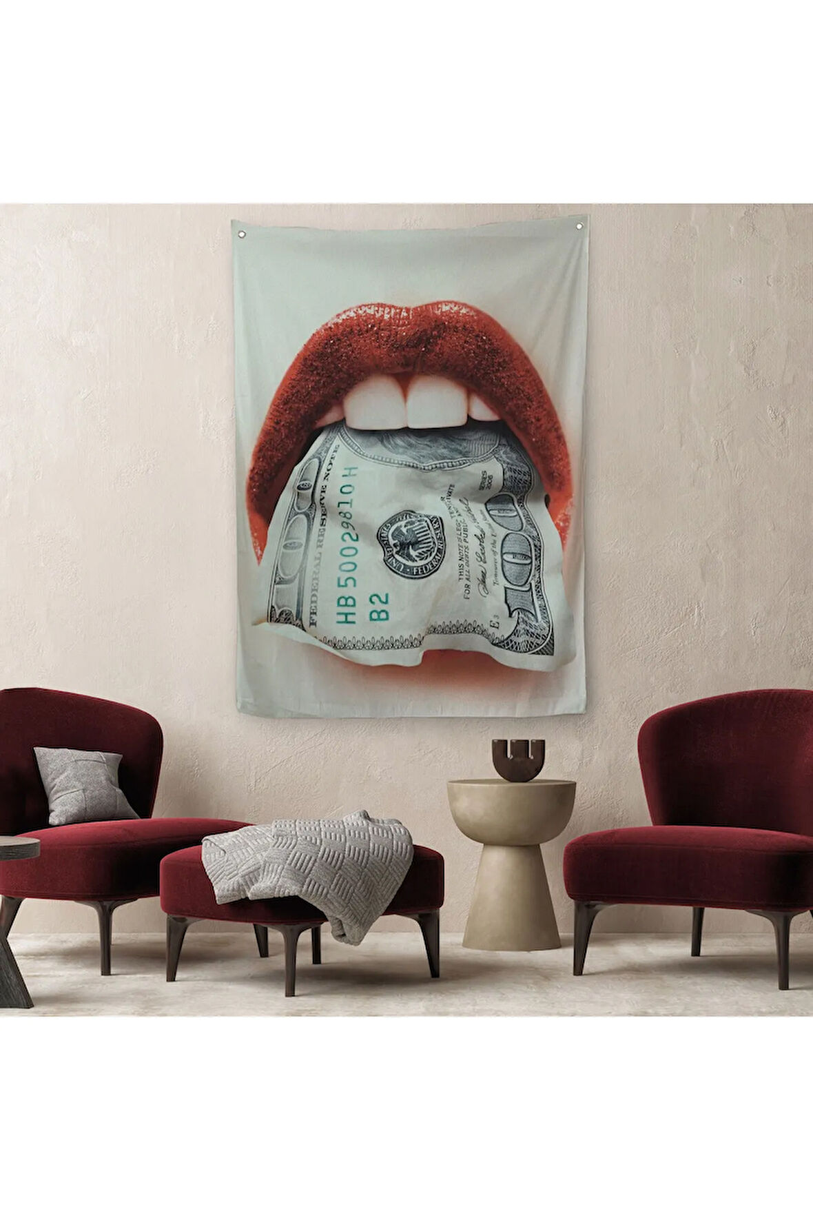 Ağzın da Dolar Olan Kadın Duvar Örtüsü - Halısı-6260