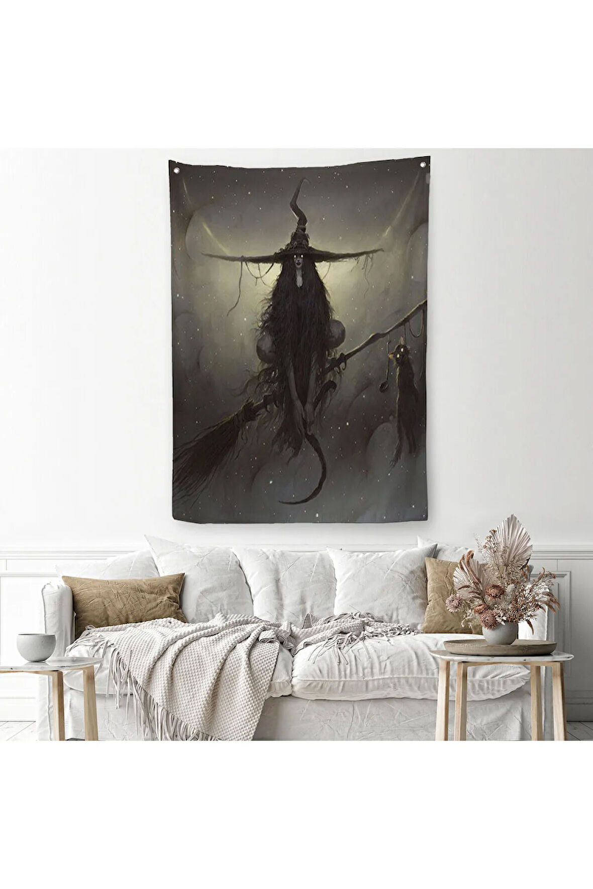 Süpürge ile Uçan Cadı ve Kedisi, Cadılar Bayramı Hediyesi, Hellowen Duvar Örtüsü - Halısı -6287