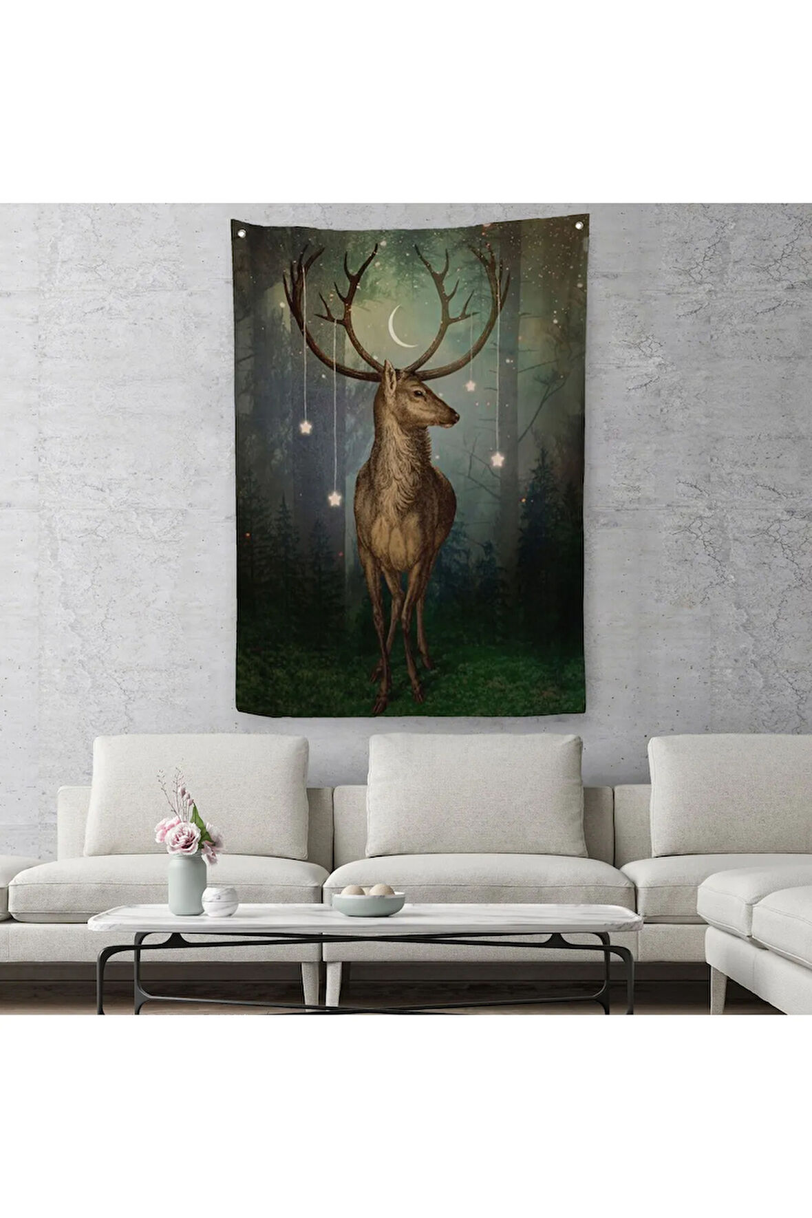 Gece Orman'daki Geyik Duvar Örtüsü - Halısı-6309