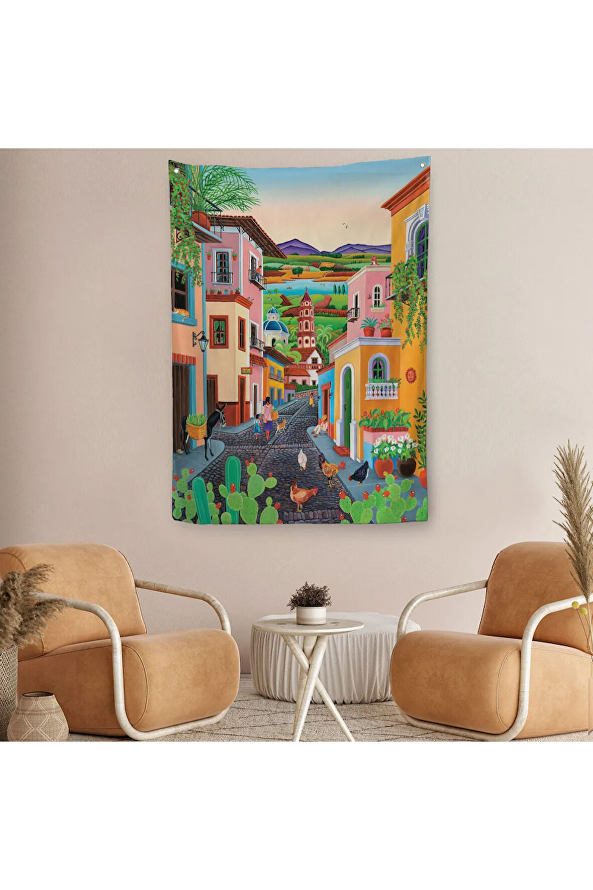 Ortacağ Meksika Köyü Duvar Örtüsü-Halısı-6344