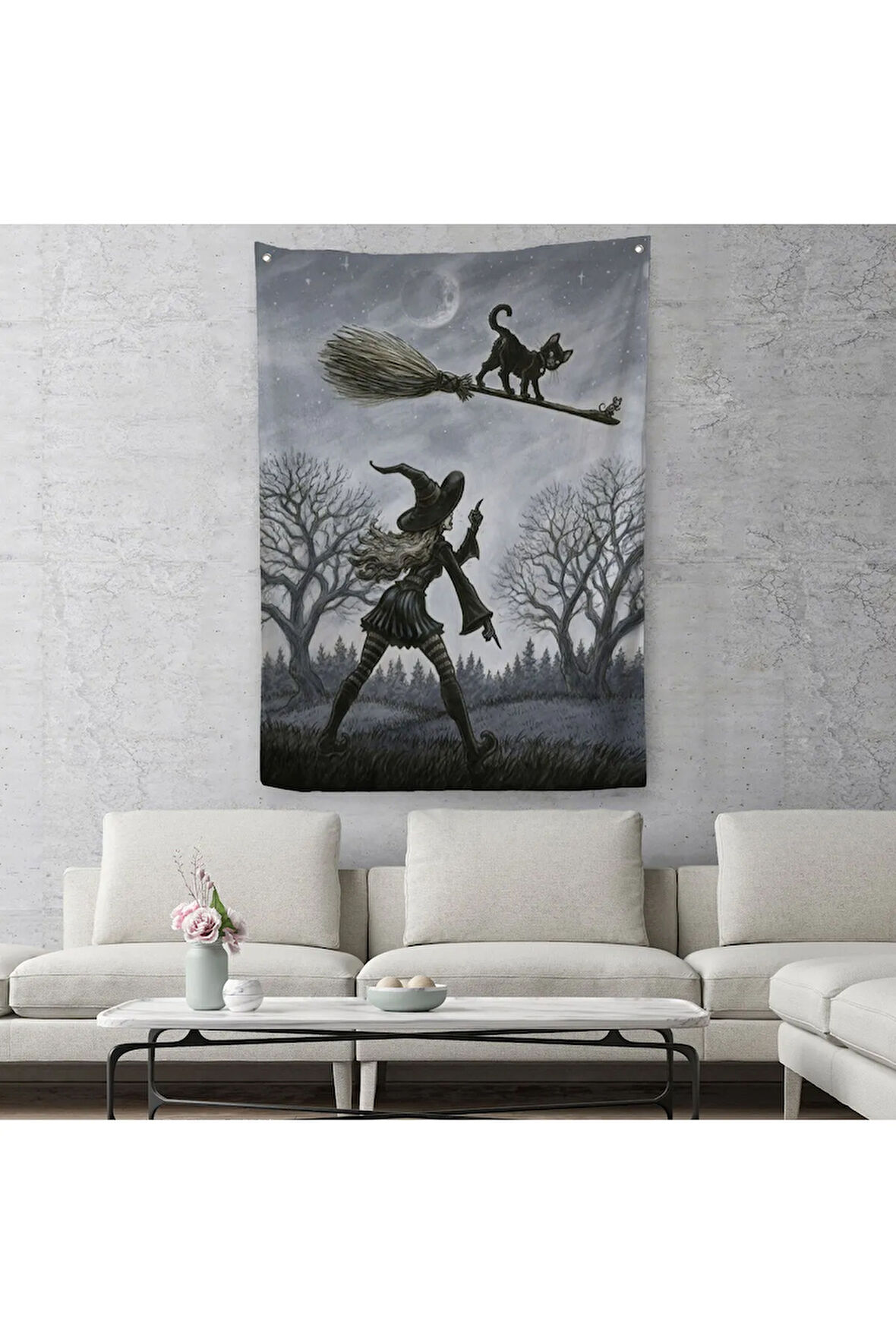 Cadı Süpürgesi ile Uçan Kara Kedi Duvar Örtüsü-Halısı, Witches Halloween-6353