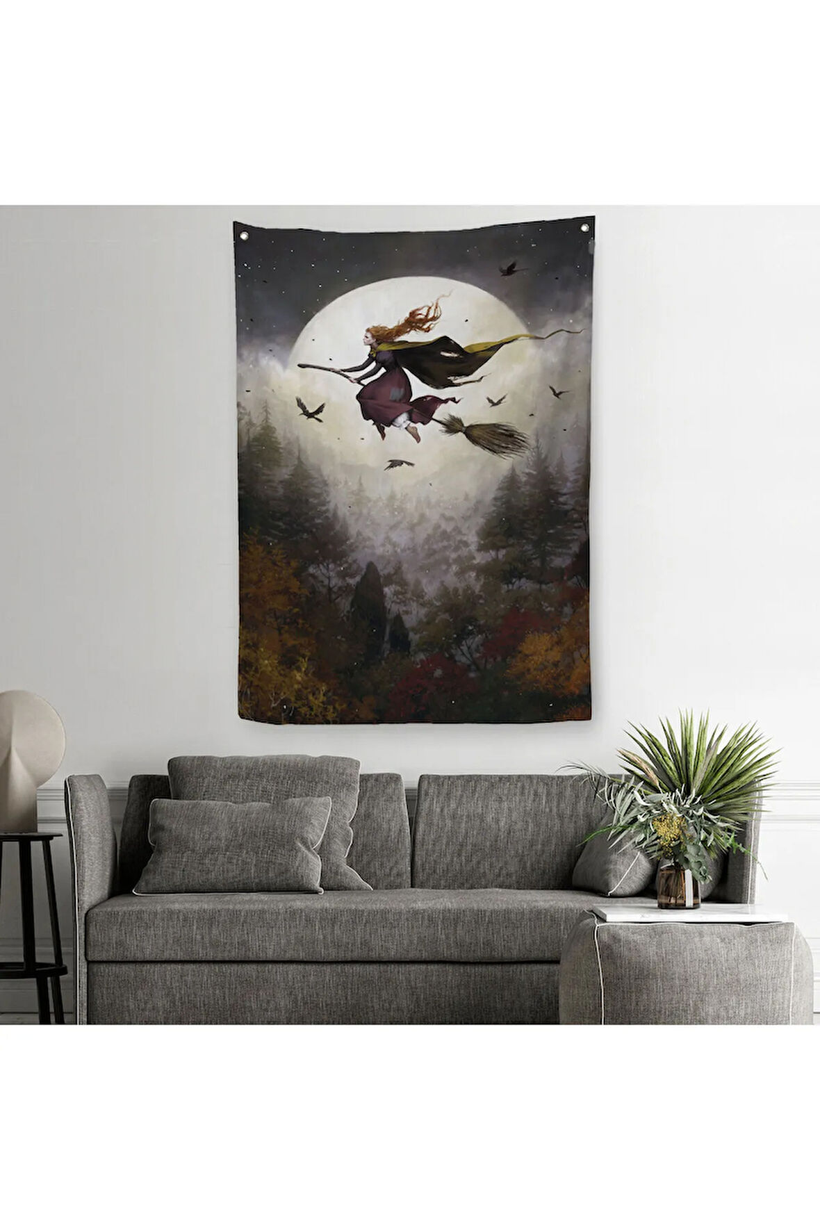 Süpürge ile Uçan Cadı, Cadılar Bayramı Hediyesi, Hallowen Duvar Örtüsü-Halısı -6398