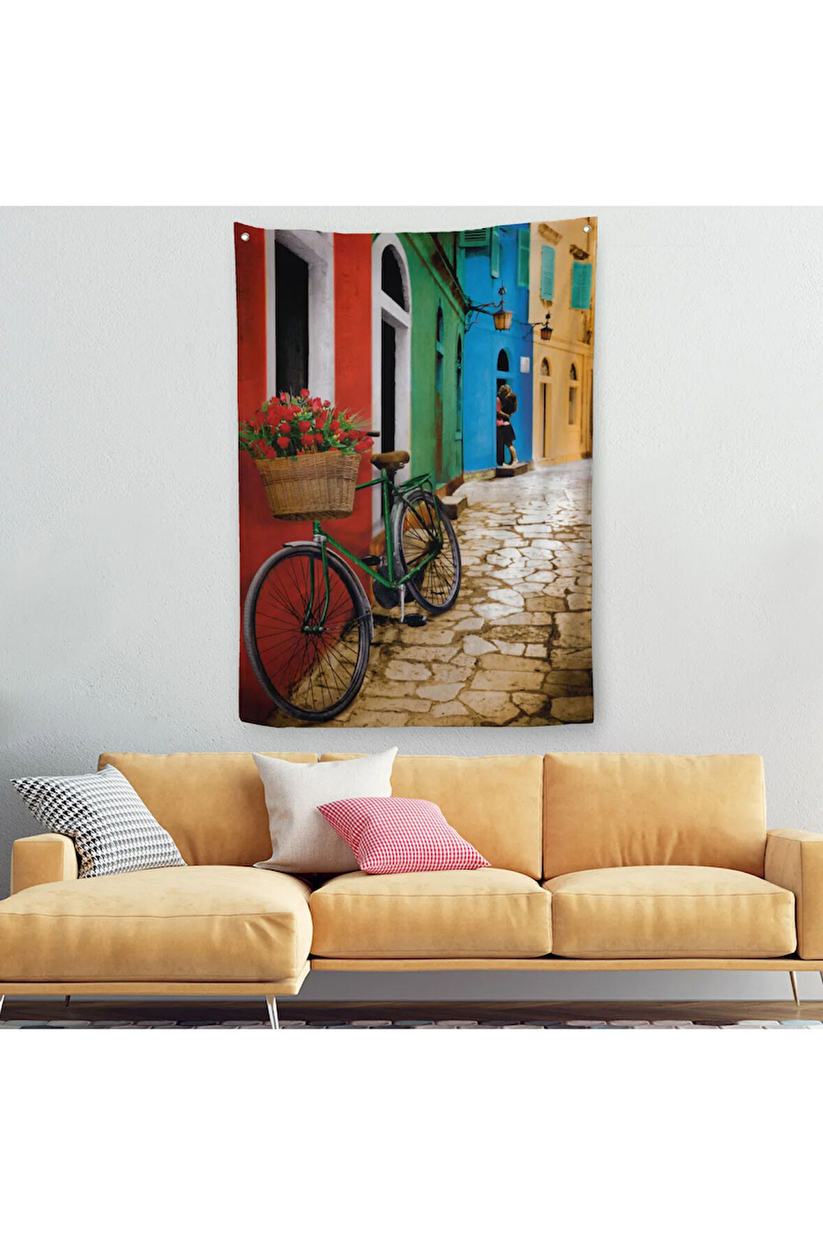 Sokaktaki Çiçekli Bisiklet Duvar Örtüsü-Halısı-6453