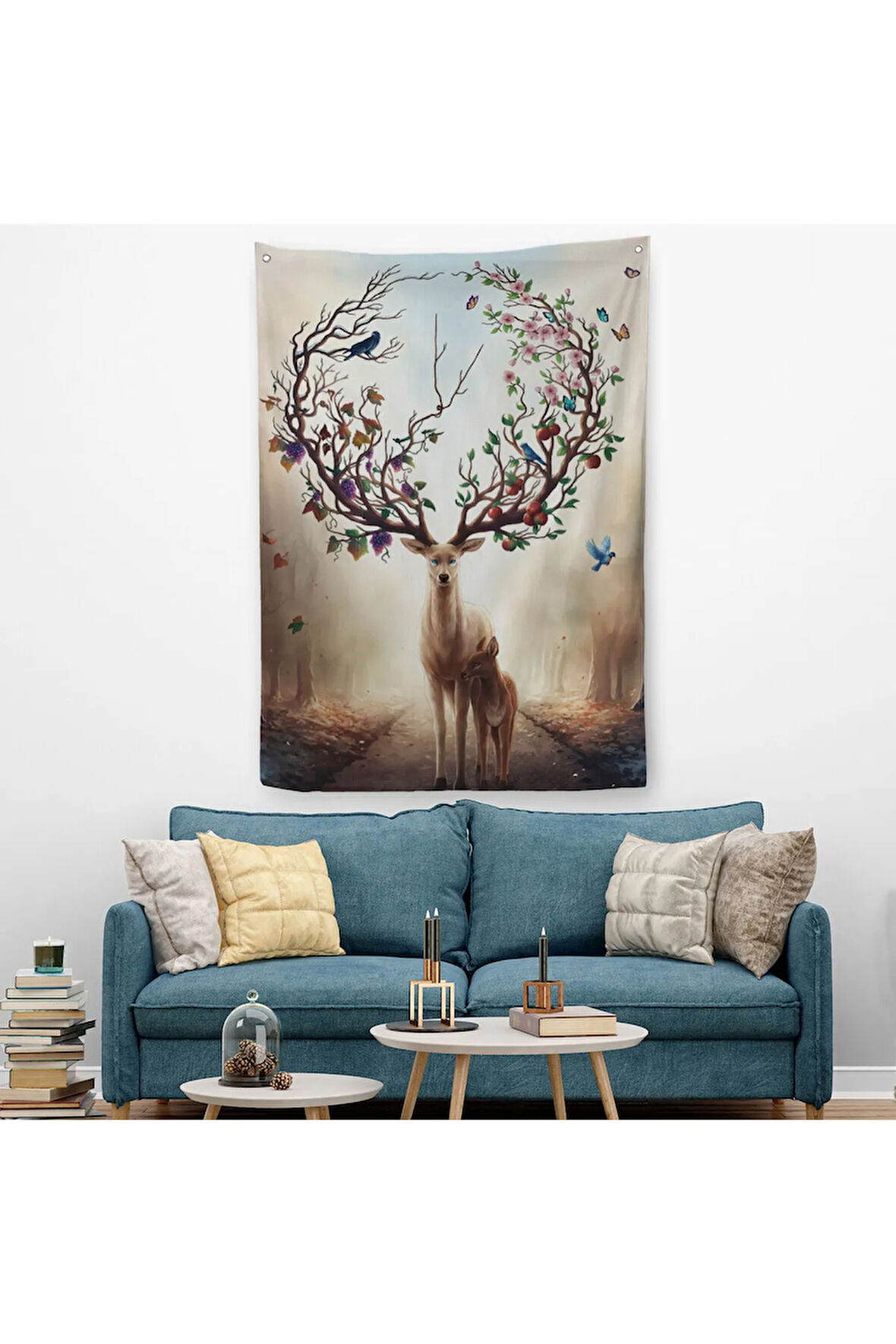 Geyik YBoynuzları Üzerinde Renkli Kuşlar Duvar Örtüsü-Halısı-6477