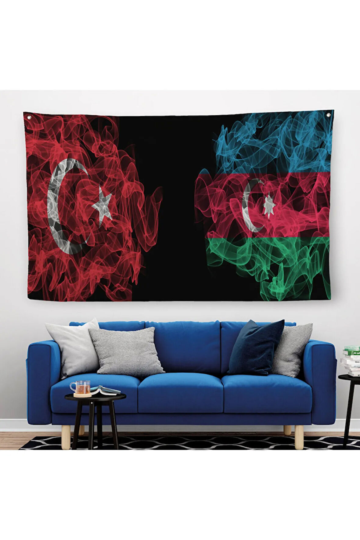 Türkiye Azerbaycan Bayrak Desenli Dekoratif Kanvas Duvar Örtüsü-Halısı-6518