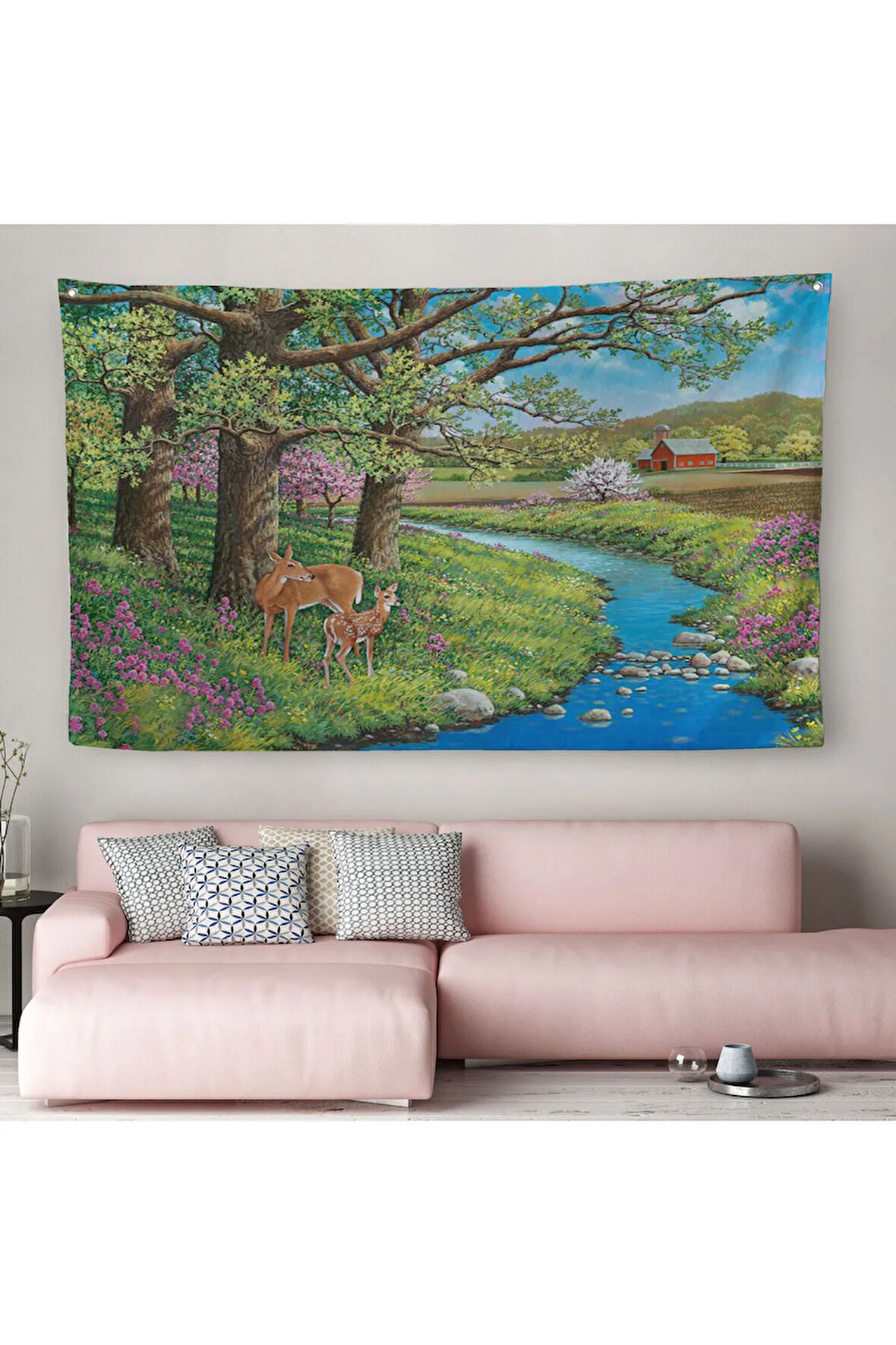 Akarsu Kenarındakı Ceylan ve Yavrusu Duvar Örtüsü-Halısı-6535