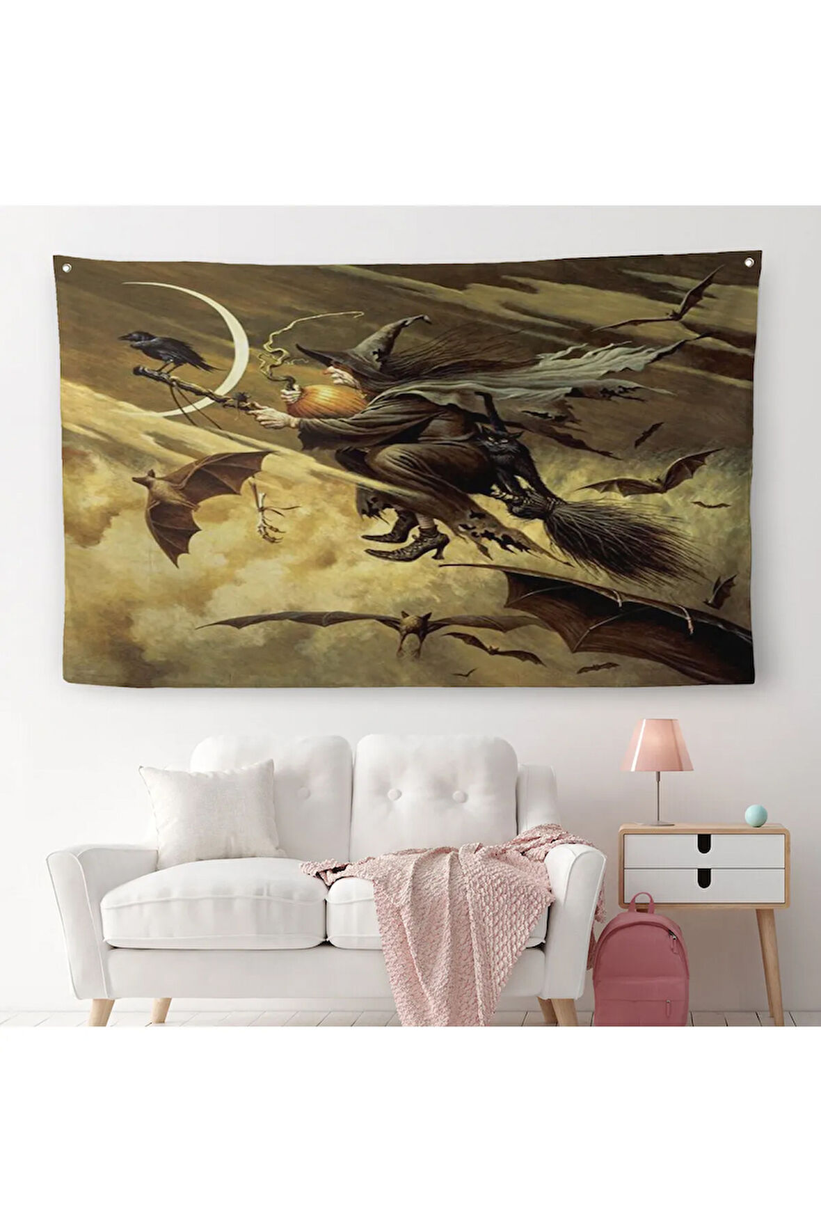 Süpürge İle Uçan Cadı ve Kedisi Cadılar Bayramı Helloven Duvar Örtüsü-Halısı -6559