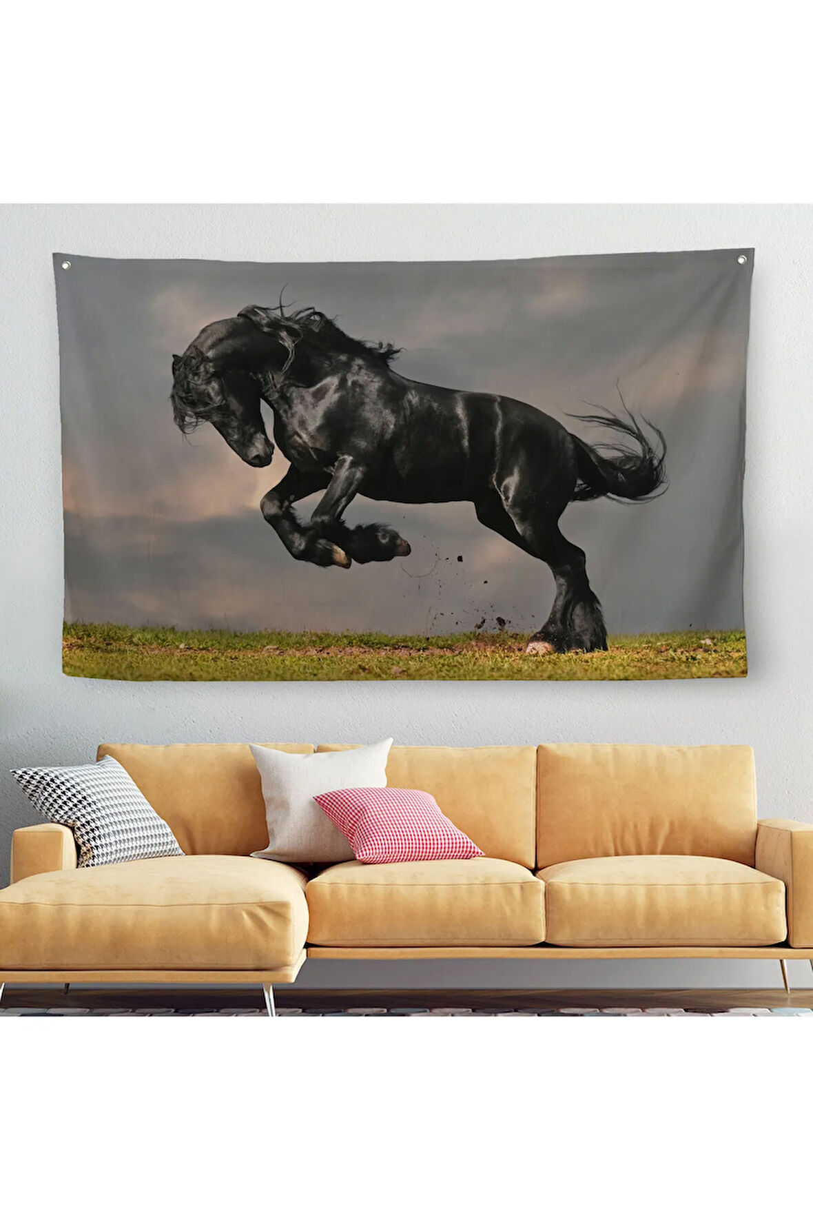 Şaha Kalkmış Siyah At Duvar Örtüsü-Halısı-6620