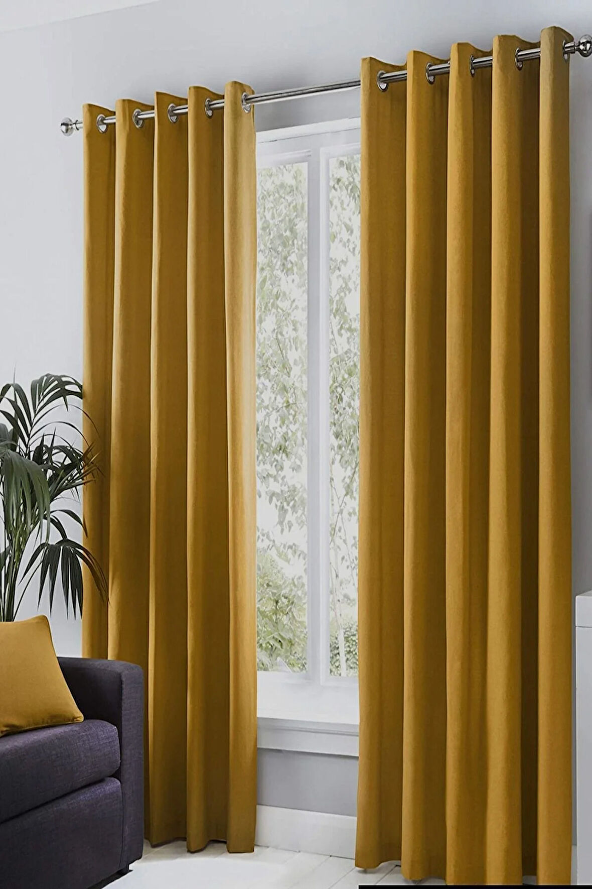 Hardal Renk Rustik Perde Kuşgözü Halkalı Boru Halka Dekoring Perde