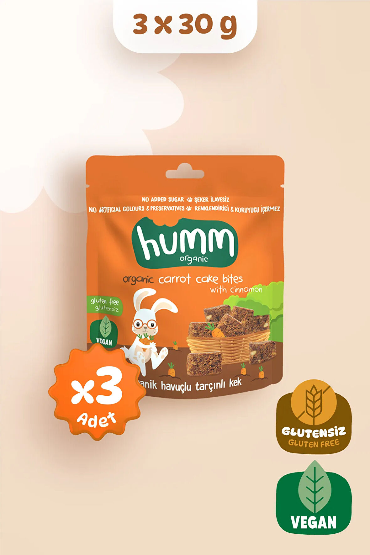 Humm Organic Organik Glutensiz Vegan Havuçlu ve Tarçınlı Kek Atıştırmalık Paketi - 30 G X 3 adet