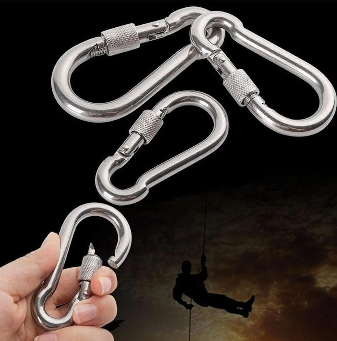 Karabina Kilitli 10Mm Yaylı Kanca Çelik Kilit Tırmanma Olta Kamp Ekipmanları Hamak Askı 4 Adet