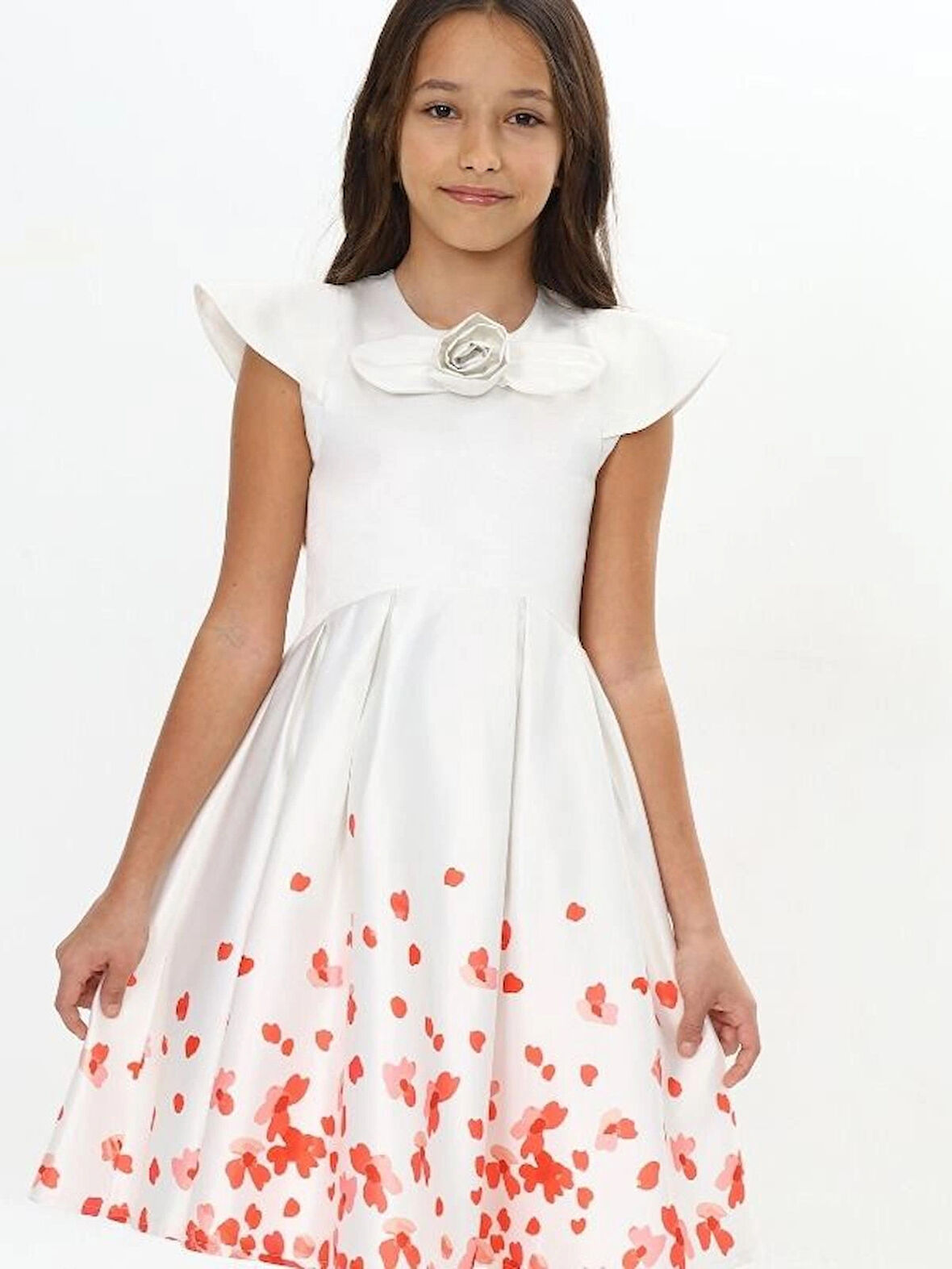 Kız Çocuk Abiye Düğün Mezuniyet Bayramlık Gül Aksesuarlı Beyaz Elbise