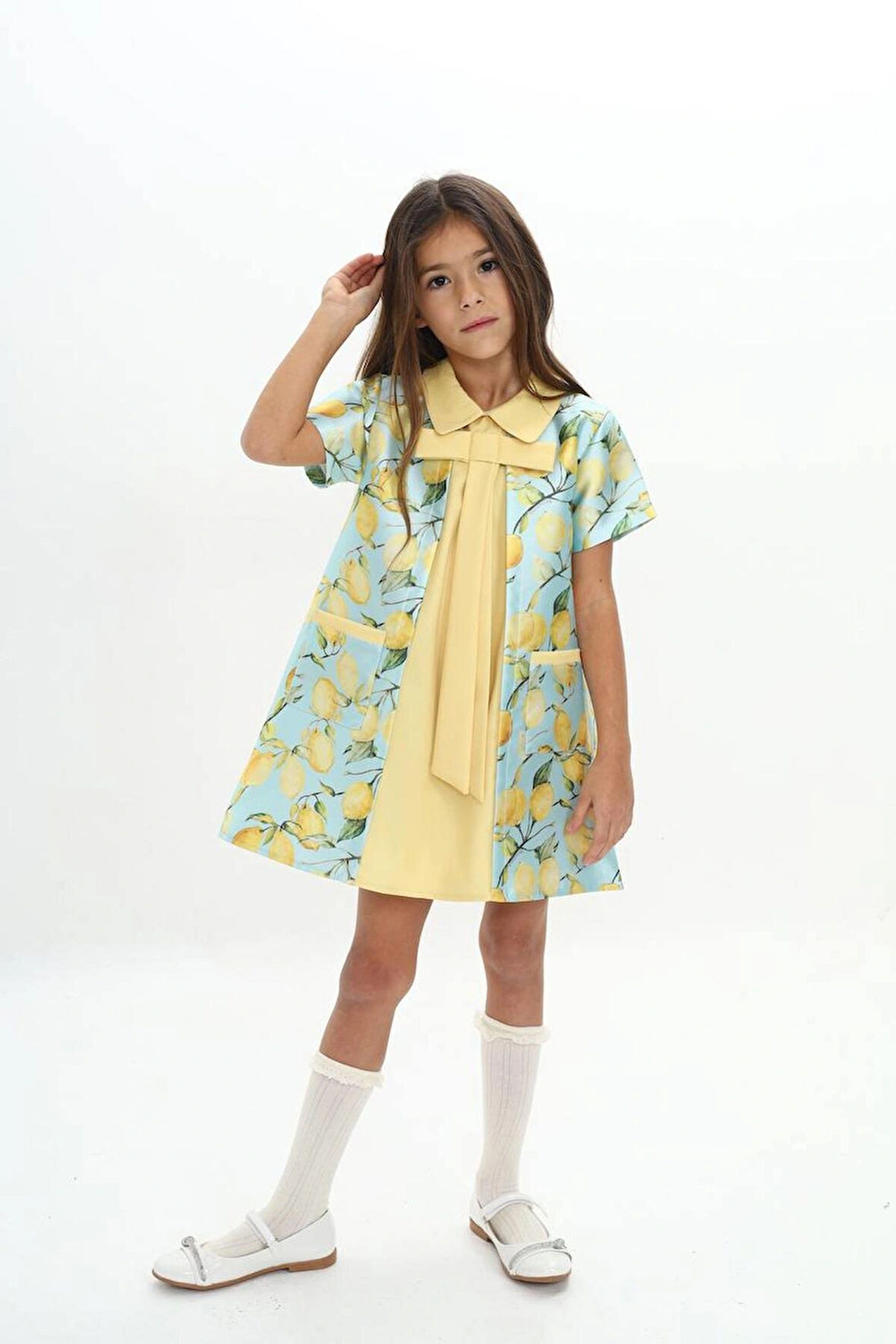 Limon Desenli Fiyonk Detaylı Yazlık Kız Çocuk Elbise