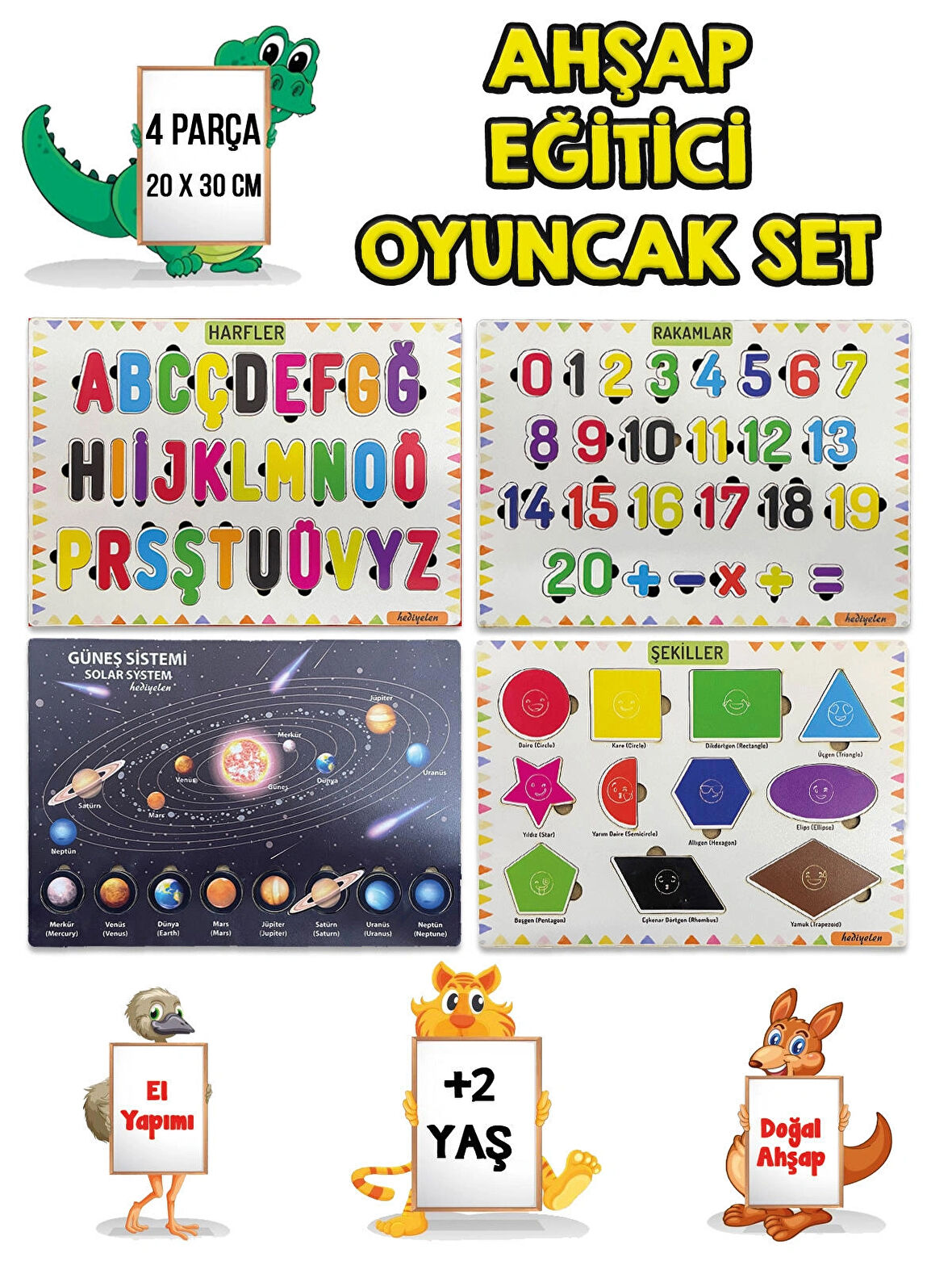 4 Lü Set Ahşap Eğitici Öğretici Oyuncak Puzzle Yapboz Söktak +2 Yaş Harfler-Sayılar