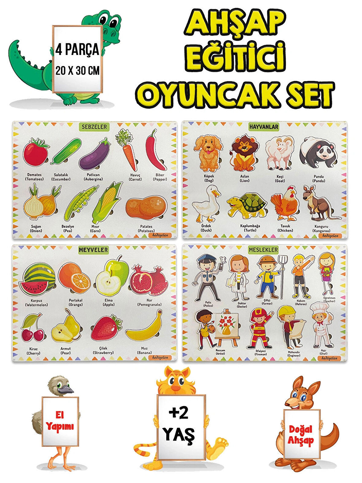 4 Lü Set Ahşap Eğitici Öğretici Oyuncak Puzzle Yapboz Söktak +2 Yaş