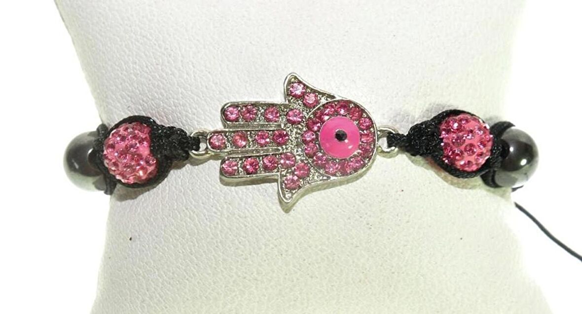 Swarovski Taşlı Şambala Nazarlı Metal El Örgü İp Pembe Bileklik
