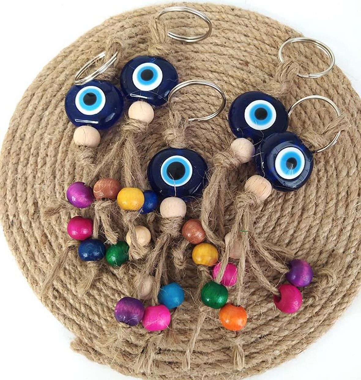 Nazar Boncuk Anahtarlık 5 Adet Kötü Göz Kovucu Nazar Hand Made Hasır Renkli Ahşap Boncuklu Nazarlı Anahtarlık