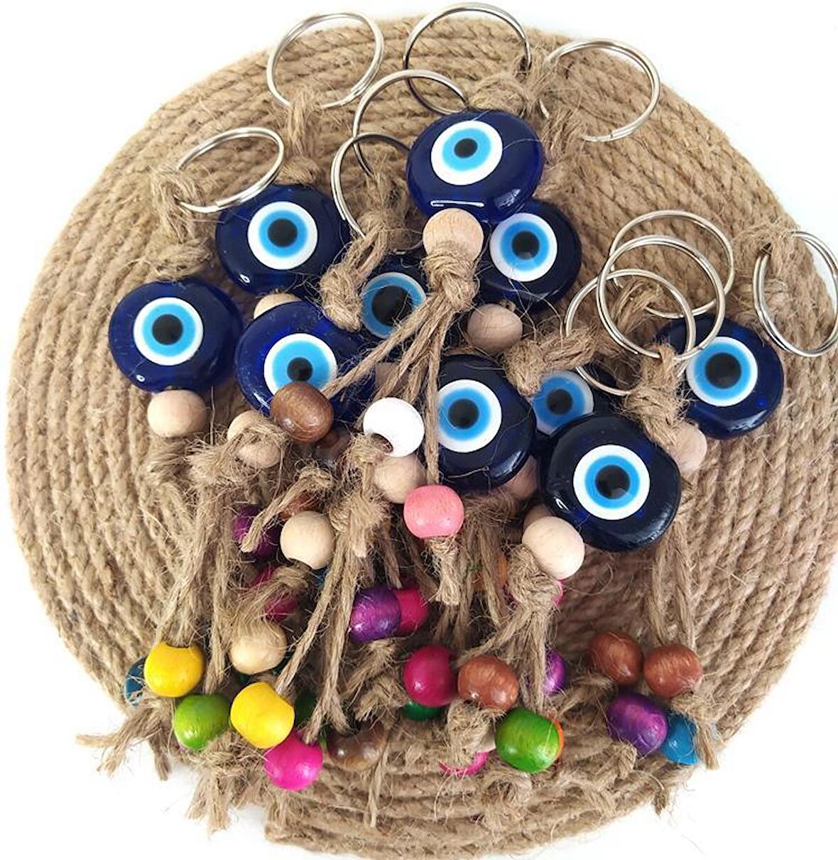 Nazar Boncuk Anahtarlık 10 Adet Kötü Göz Kovucu Nazar Hand Made Hasır Renkli Ahşap Boncuklu Nazarlı Anahtarlık