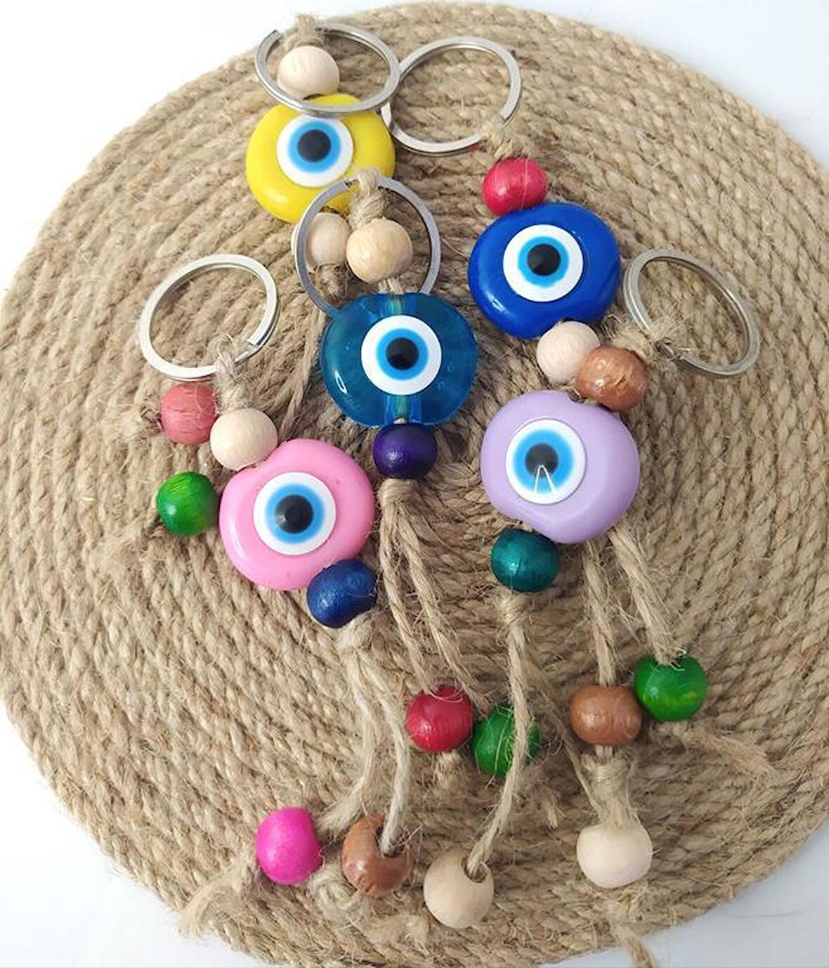 Nazar Boncuk Anahtarlık 5 Adet Kötü Göz Kovucu Nazar Hand Made Hasır Renkli Boncuklu Nazarlı Anahtarlık