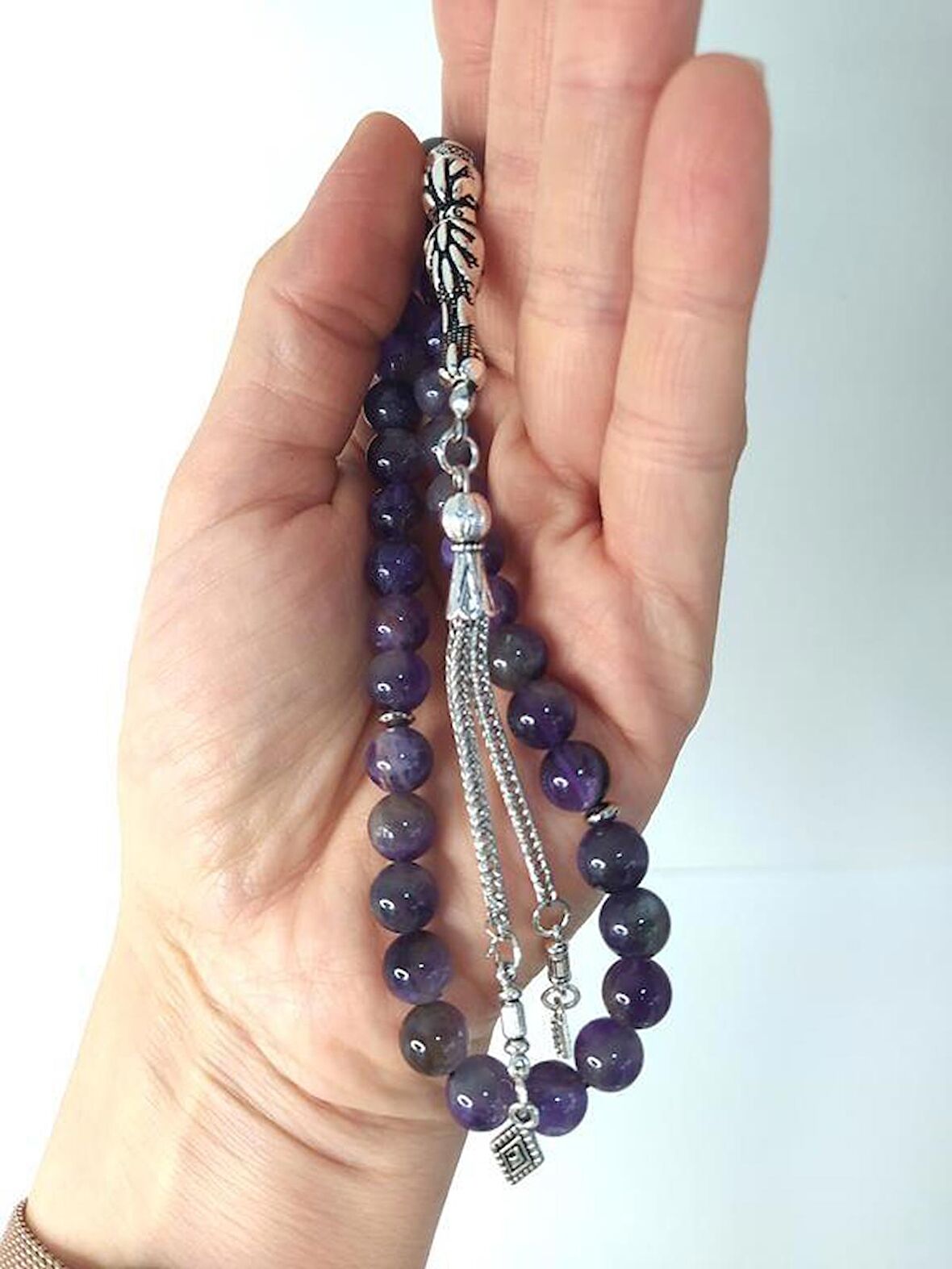 Tesbih Ametist Doğal Taş Tespih Dini İslami Çakra 8 mm