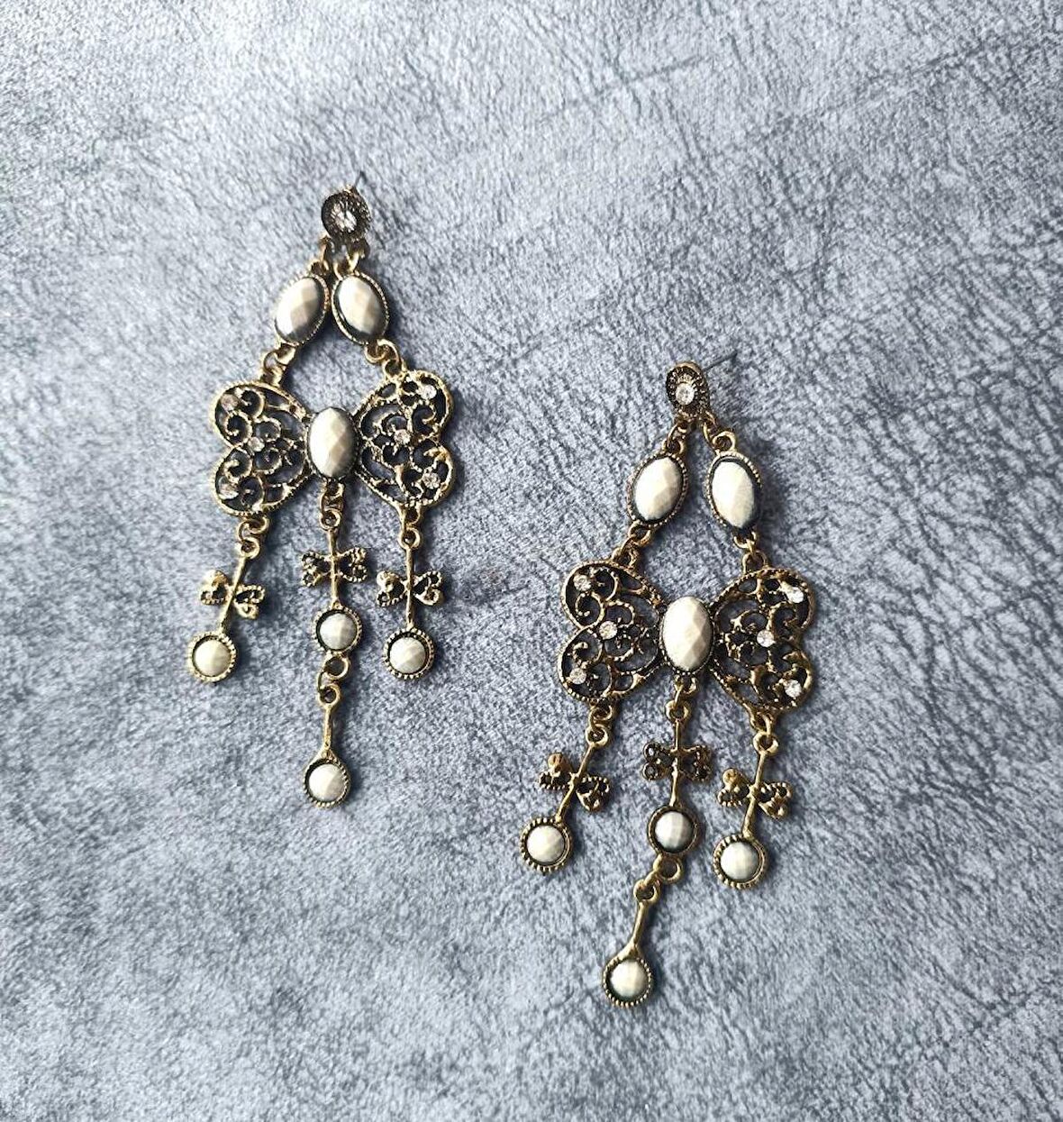 Küpe Otantik Kelebek Eskitme Swaroski Taşlı Vintage Sallantılı Küpe Kadın Takı Hediye 
