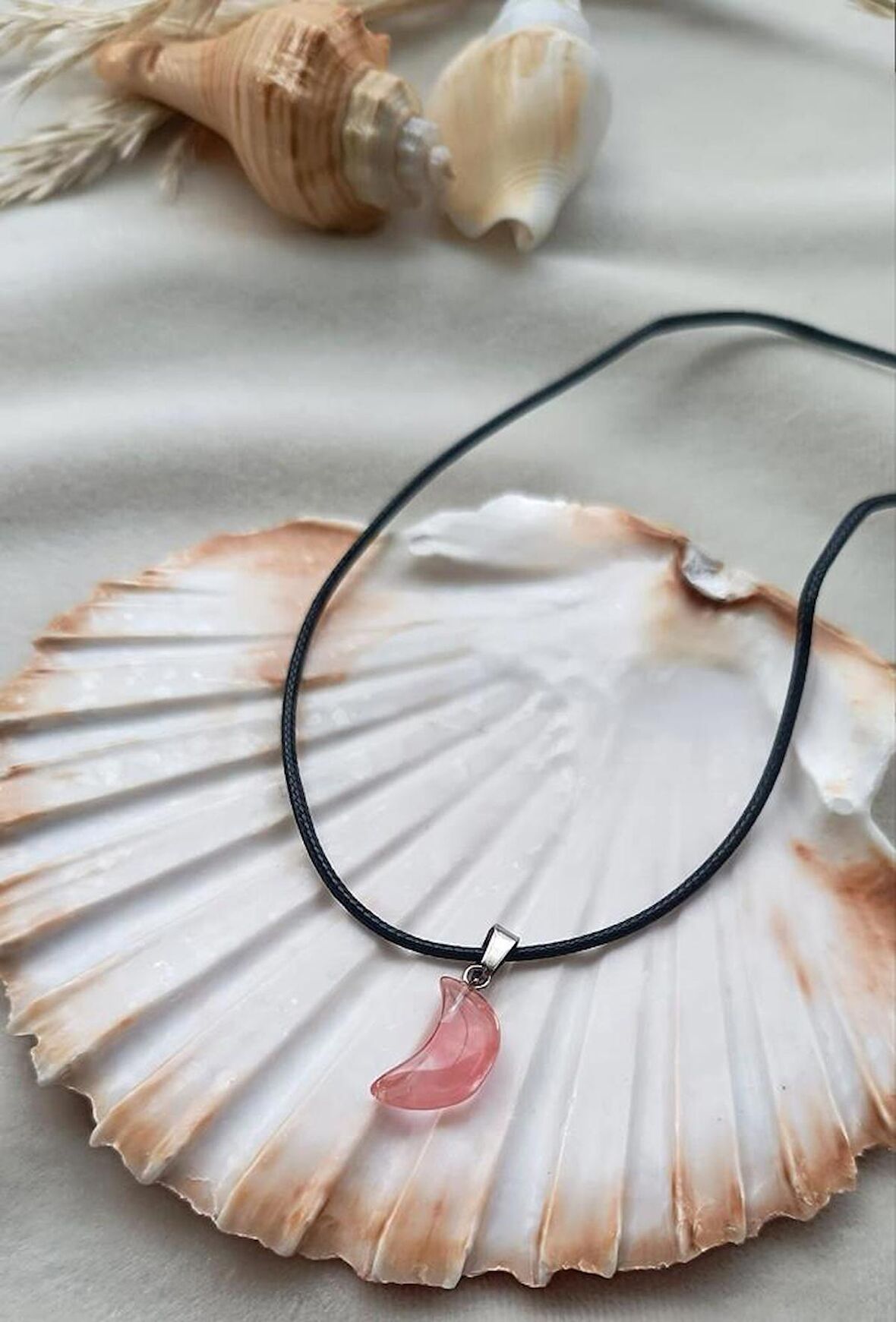 Kolye Gerdanlık Çakra Doğal Pembe Kuvars Taşı Ay Hilal Kolye Kadın Kız Takı Aksesuar Hediye 