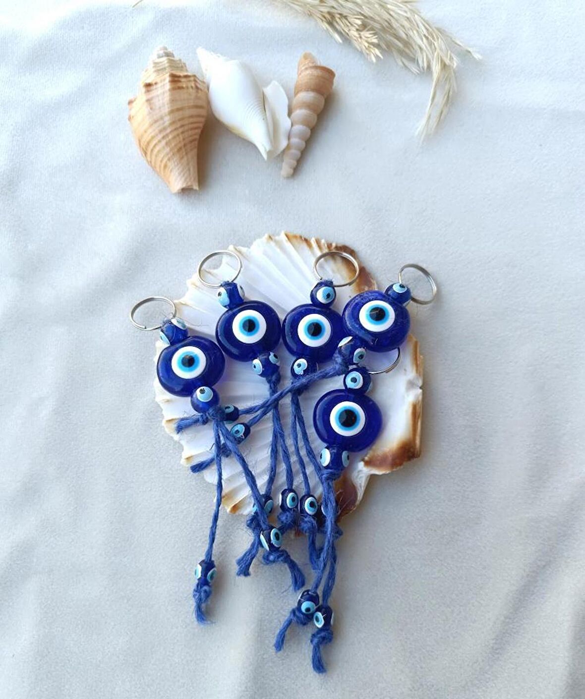 Nazar Boncuk Hasır Anahtarlık 5 Adet Araba Çanta Süsü Kötü Göz Kovucu Nazar Hand Made Mavi Boncuklu Nazarlı 