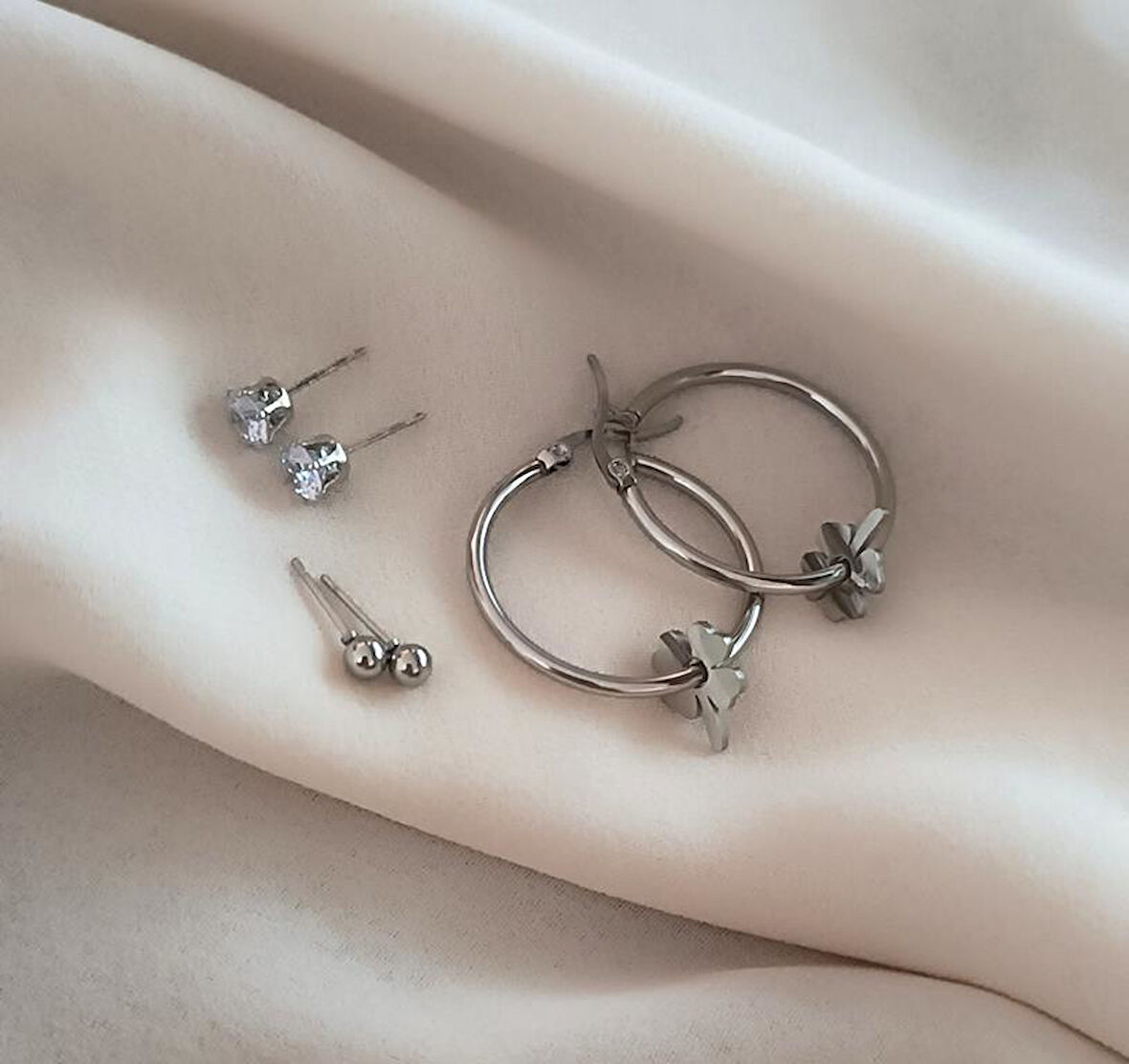 Küpe 3 lü Set Kararmaz Çelik 316L Lüks Küpe Renk Gri Taşlı Küpe  