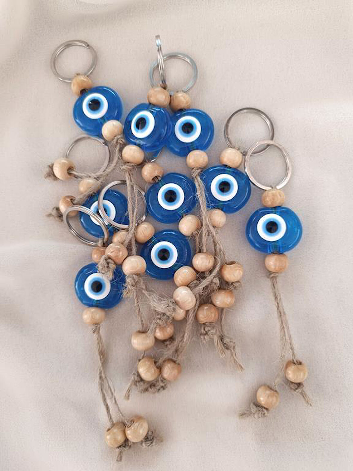 Nazar Boncuk Anahtarlık Şeffaf Mavi 10 Adet Kötü Göz Kovucu Nazar Hand Made Hasır Nazarlı Anahtarlık