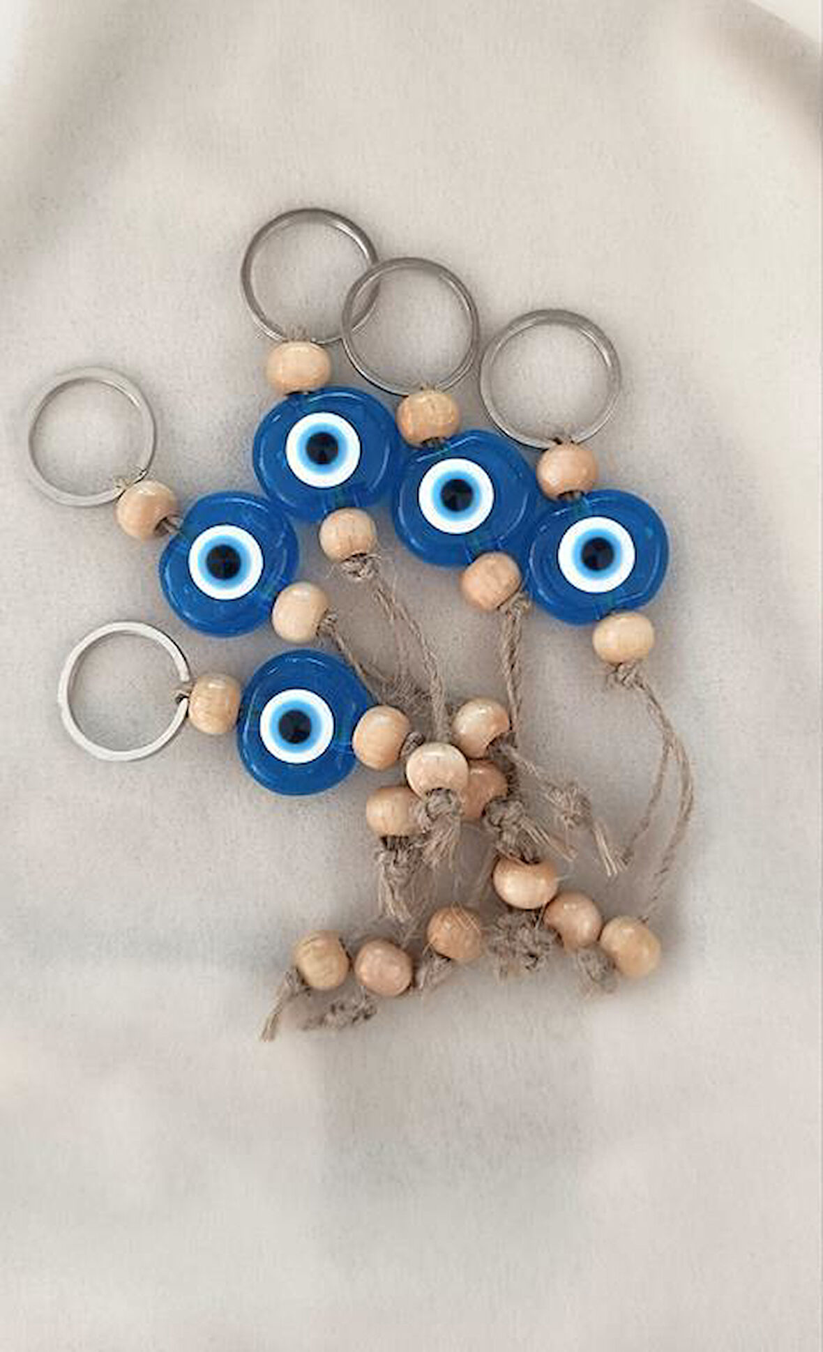 Nazar Boncuk Şeffaf Mavi Anahtarlık 5 Adet Kötü Göz Kovucu Ahşap Boncuklu Nazar Hand Made Hasır Nazarlı Anahtarlık