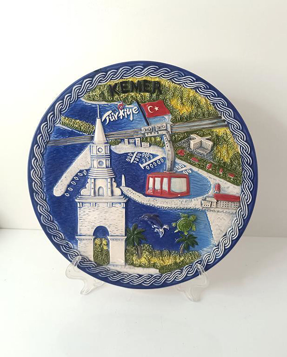 Seramik Biblo Tabak Kule Bayrak Kaplumbağa Palmiye Ağaç Deniz Tatil Duvar Masa Süsü 24 cm 