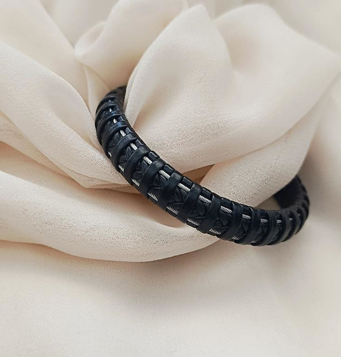 Siyah  Hakiki  Deri Bileklik Örgü Unisex 21 cm Bilezik           