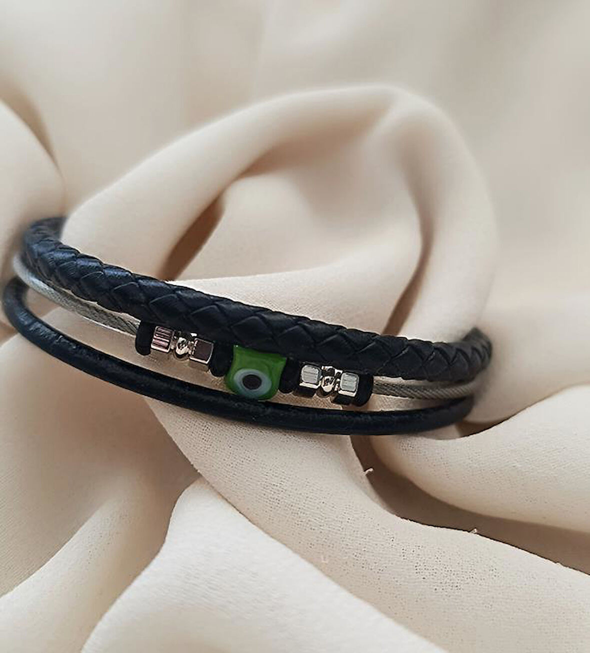 Bileklik Hakiki Deri Örgü Unisex 20 cm Cam Nazar Boncuklu Bilezik Takı Aksesuar                  