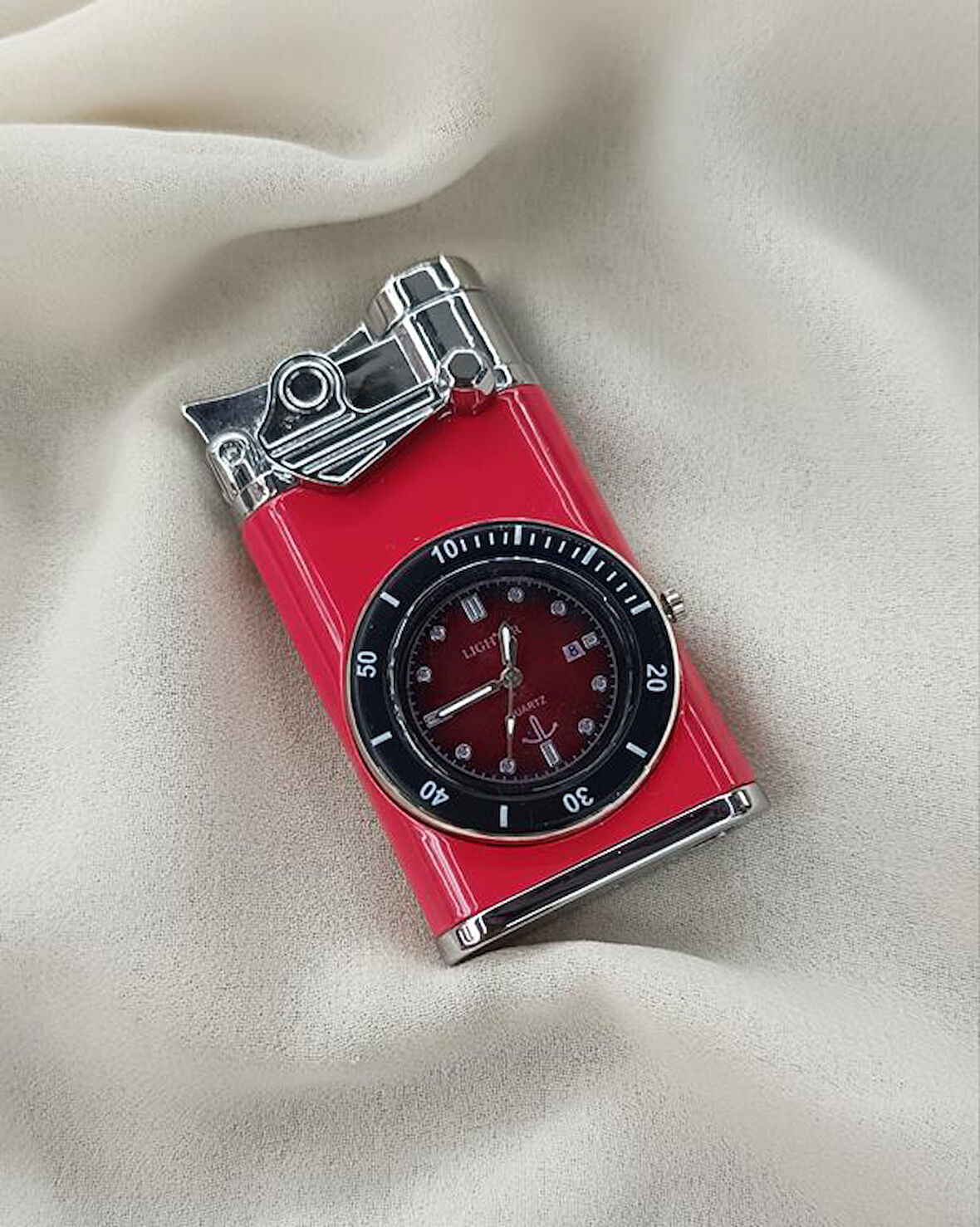 Saatli Çakmak Pürmüz Ayarlanabilir Mavi Gazlı Doldurulabilir Çift Alevli Çakmak Saat 