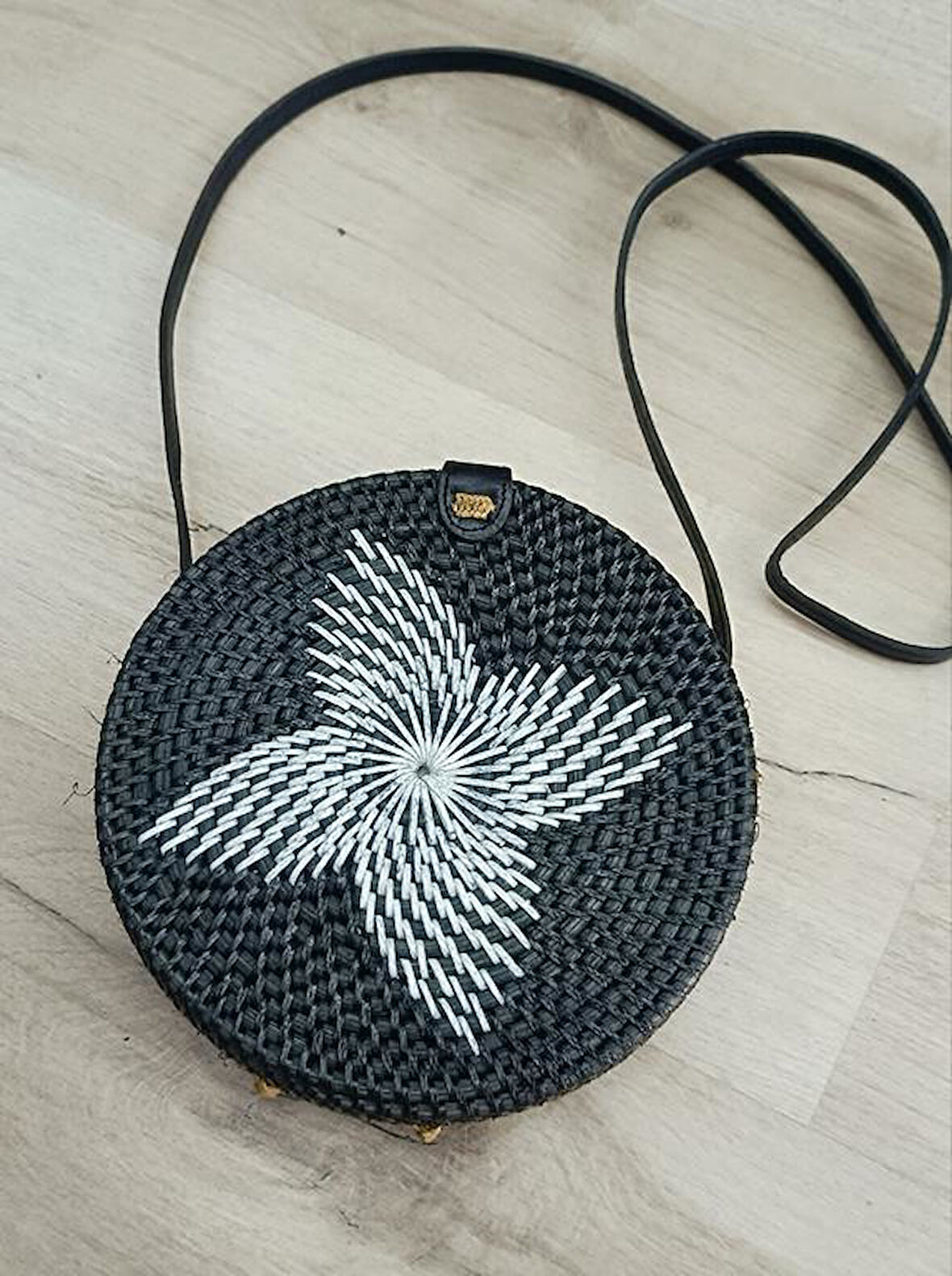 Çanta Çiçek Desenli Bambu Rattan El Yapımı Deri Askı Kadın Hasır Omuz Çantası Siyah Renk