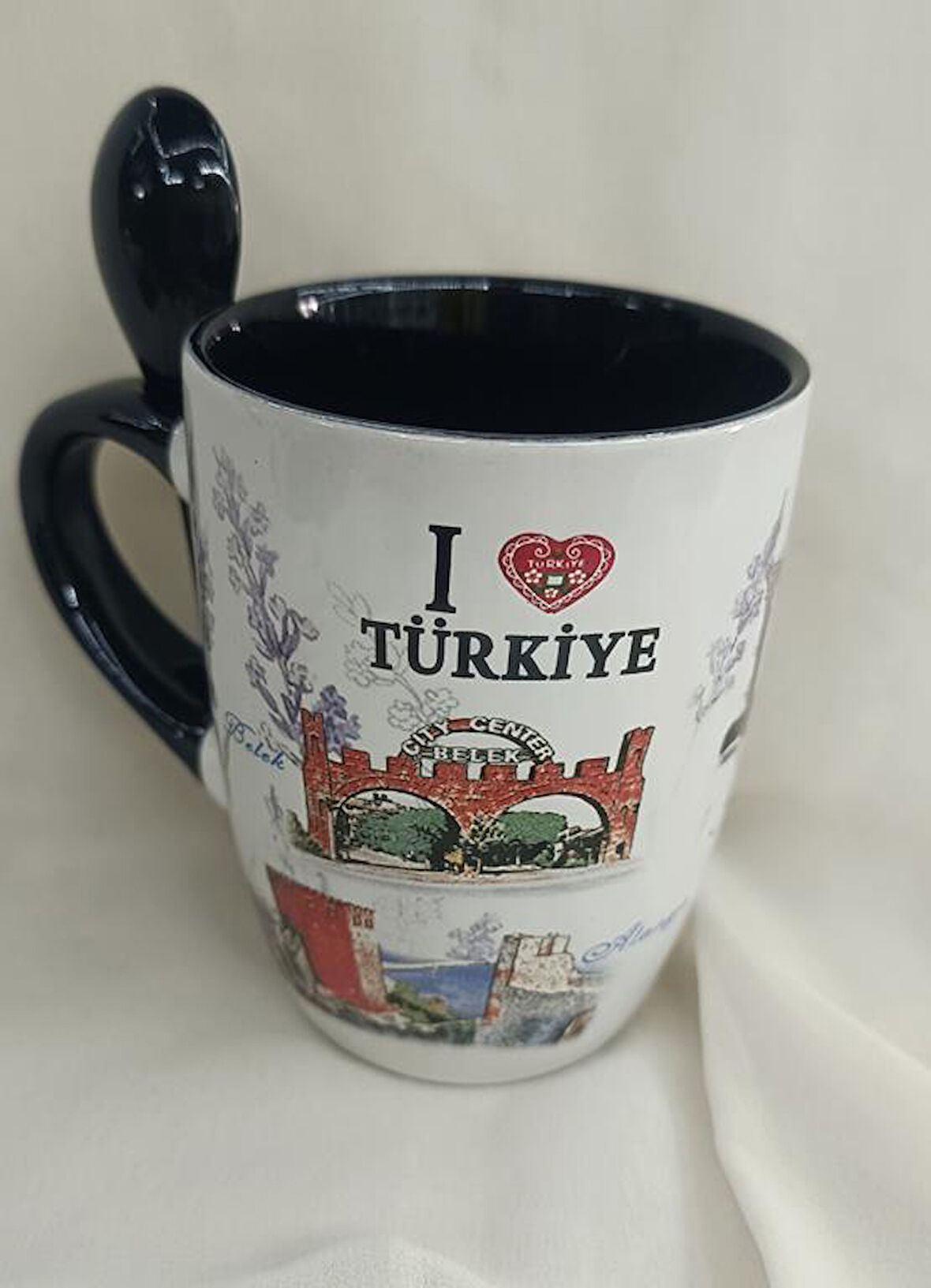 Bardak Kupa Kaşıklı Kulplu Seramik 340 ml Yöresel Meşrubat Su Kahve Bardağı Antalya Görselli