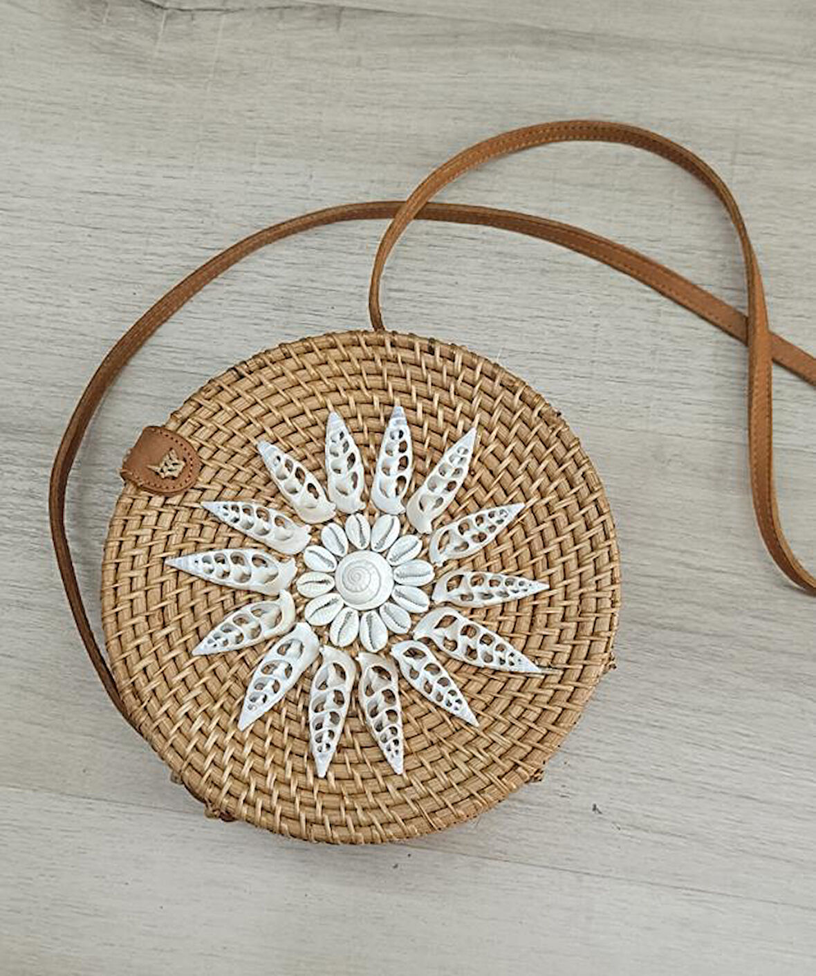 Çanta Bambu Rattan El Yapımı Deniz Kabuklu Yuvarlak Deri Askı Kadın Hasır Omuz Çantası 17953
